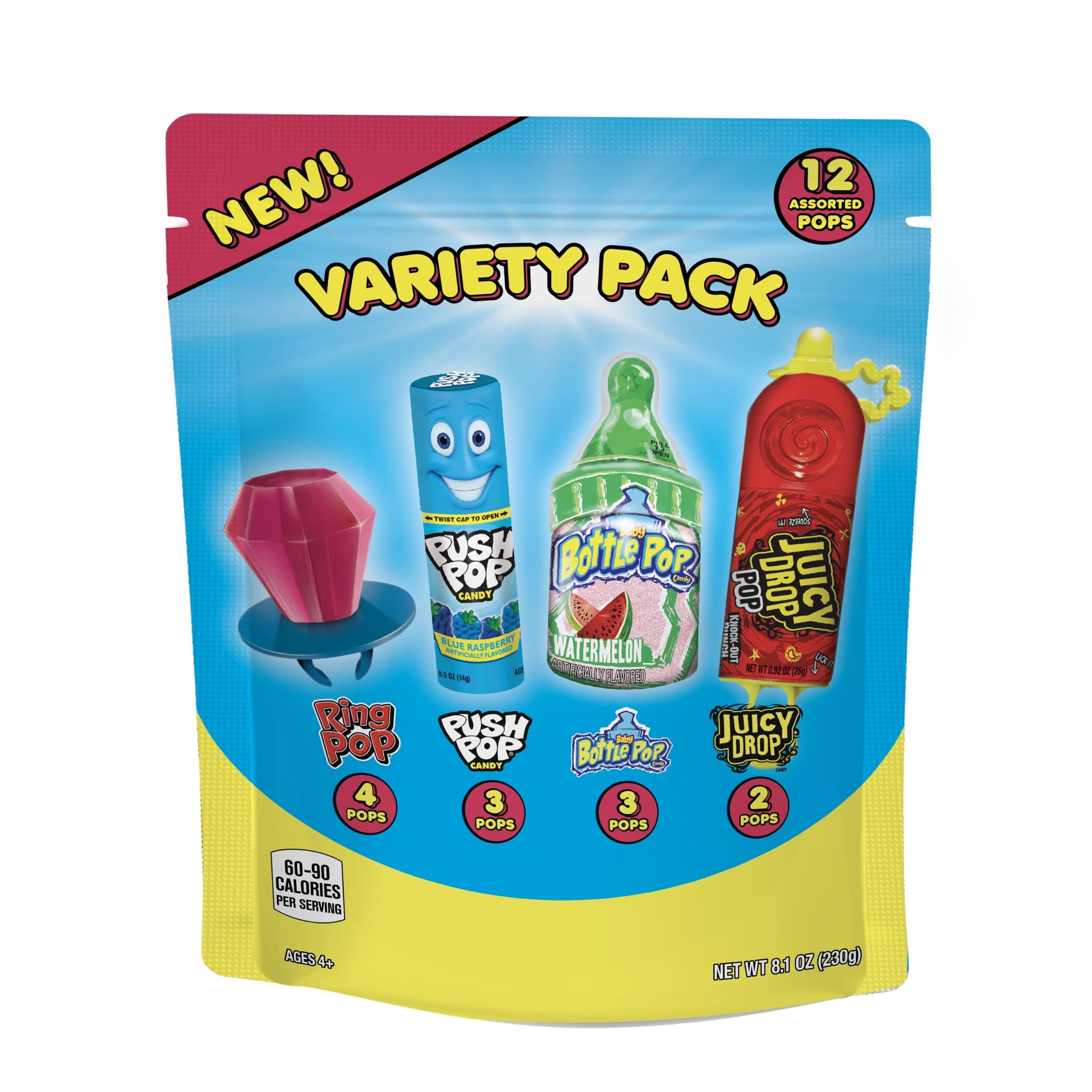Candy Variety Pack - 12 Count Assorted Lollipops - Ring Pop, Push Pop, Baby Bottle Pop & Juicy Drop - Ideal for Birthdays, Party Favors, Celebrations