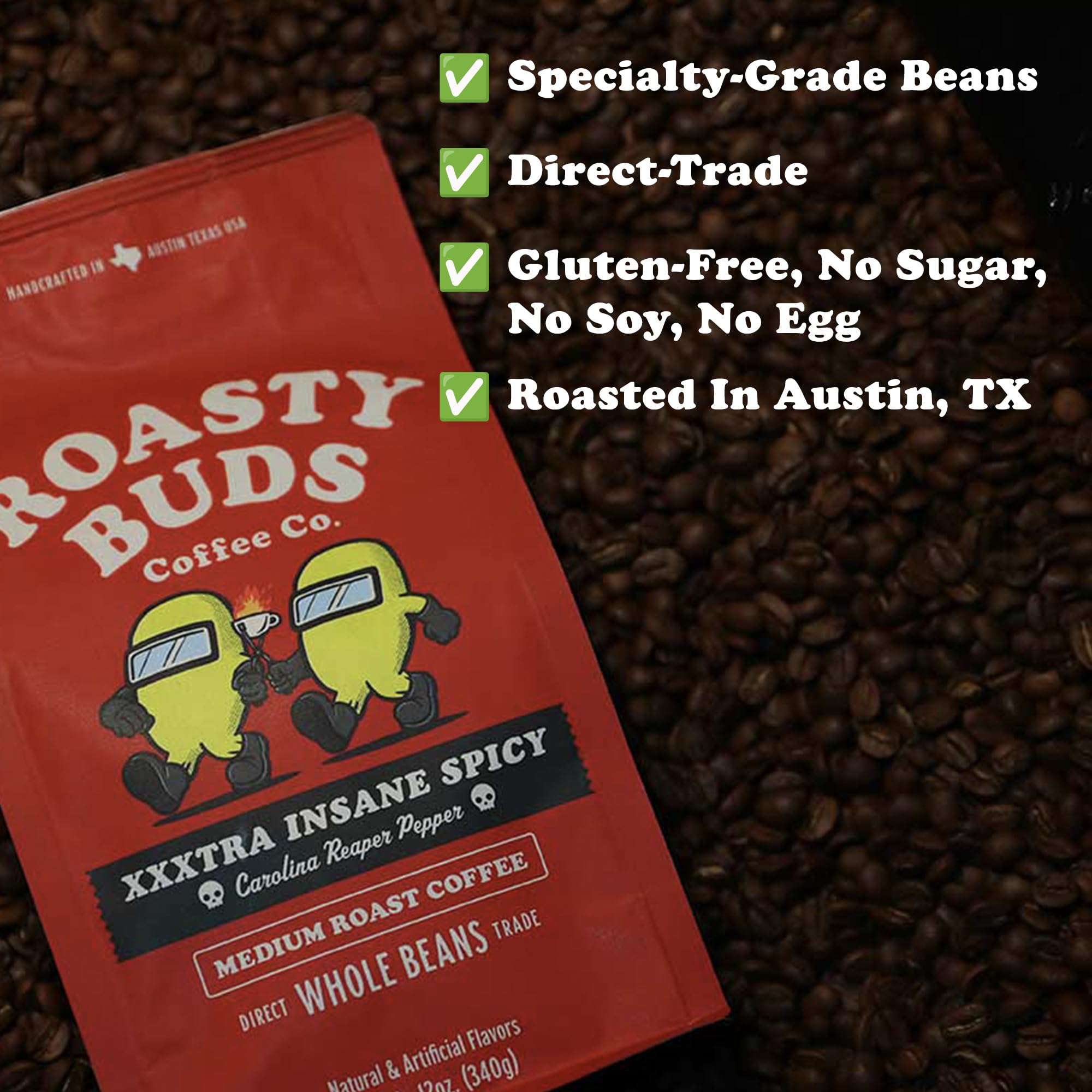 Roasty Buds XXXtra Spicy Carolina Reaper Coffee | Premium Arabica Whole Beans, The Original Spicy Coffee (12 oz) | Gluten-Free, No