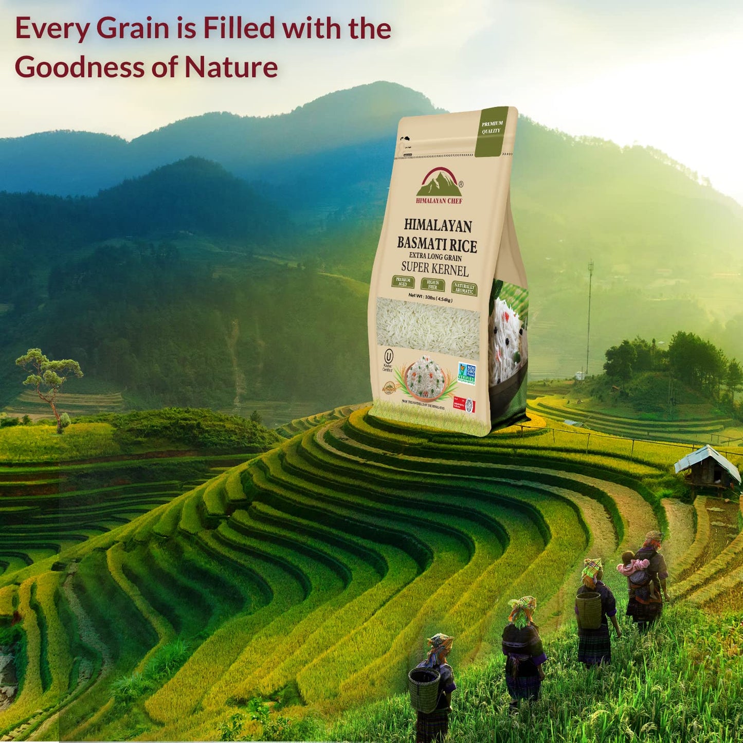 Himalayan Chef Premium Super Kernal Basmati Rice (10 Lbs.) Aromatic Basmati Aged Rice, Non-Sticky Grain for Delicious Dining Experience, Non-GMO, Vegan, Gluten Free & No Cholesterol - Resealable Zip-Lock Bag