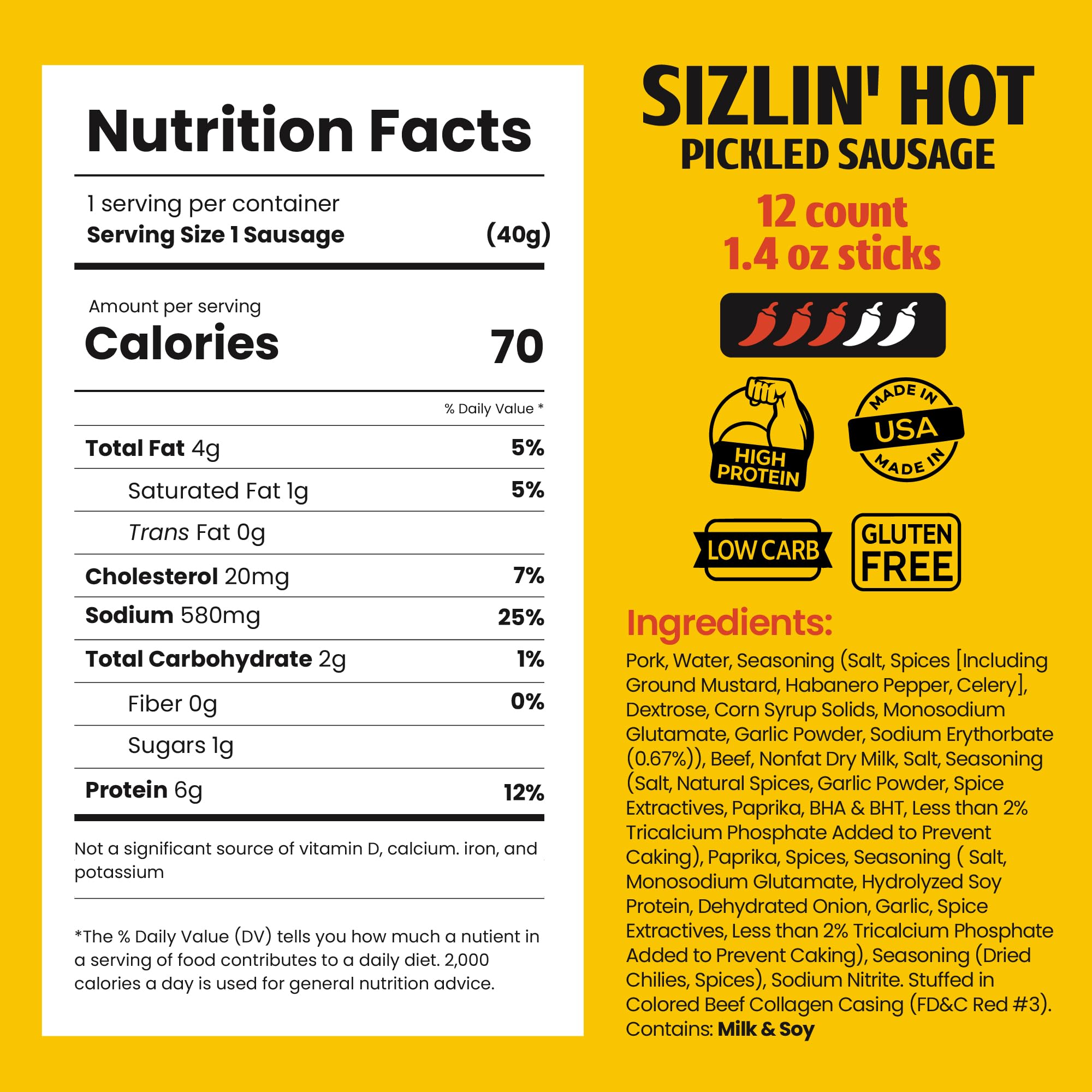 Long John Snacks Sizzlin' Hot Pickled Sausage - Smoked Gourmet Meat Stick - Hot Pickled Sausages High Protein Snack - Premium USA Pork and Beef Sticks