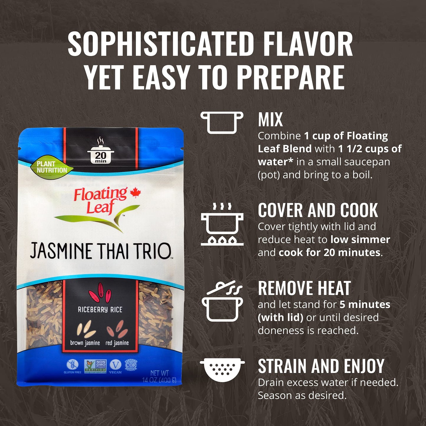 Floating Leaf Wild Rice Blend - Non-GMO & Gluten free Organic Rice| Jasmine Thai Rice Trio blended with Riceberry Rice, Brown Rice & Red Rice (Pack of 1) 14 oz | Vegan & Kosher Wild Rice Blend