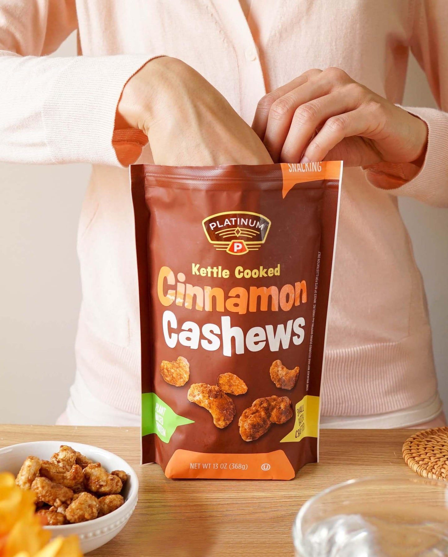 Platinum Kettle Cooked Cinnamon Cashews - Plant Based Protein, Fiber, Healthy Snack - Sweet & Spicy Flavors - Can Bring at Home, Work, Office, Gym
