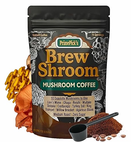 PrimePick's Brewshroom 10 in 1 Mushroom Coffee with 2000mg Adaptogenic Mushrooms, Instant, Arabica Medium Roast, Gluten-Free, Jitter-Free, No Added