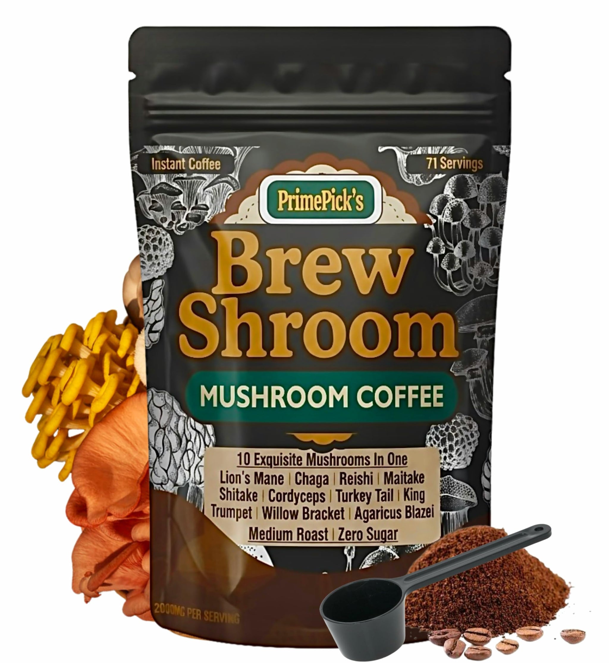 PrimePick's Brewshroom 10 in 1 Mushroom Coffee with 2000mg Adaptogenic Mushrooms, Instant, Arabica Medium Roast, Gluten-Free, Jitter-Free, No Added