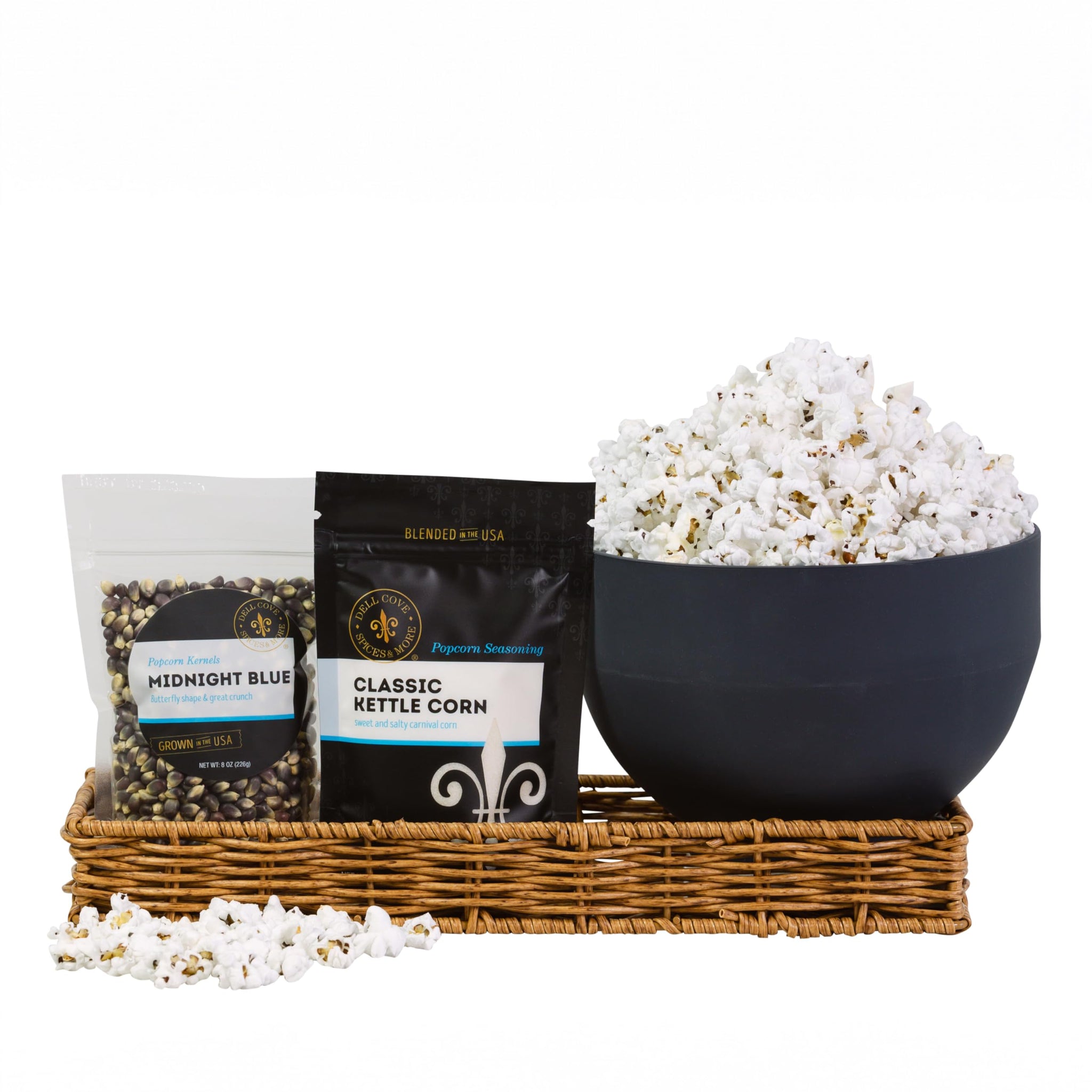Personalized Gift for Movie Night | Gluten-Free Snack and Custom Set | Popcorn Kernels + Seasoning + Microwavable Popper and Black Box from Dell Cove