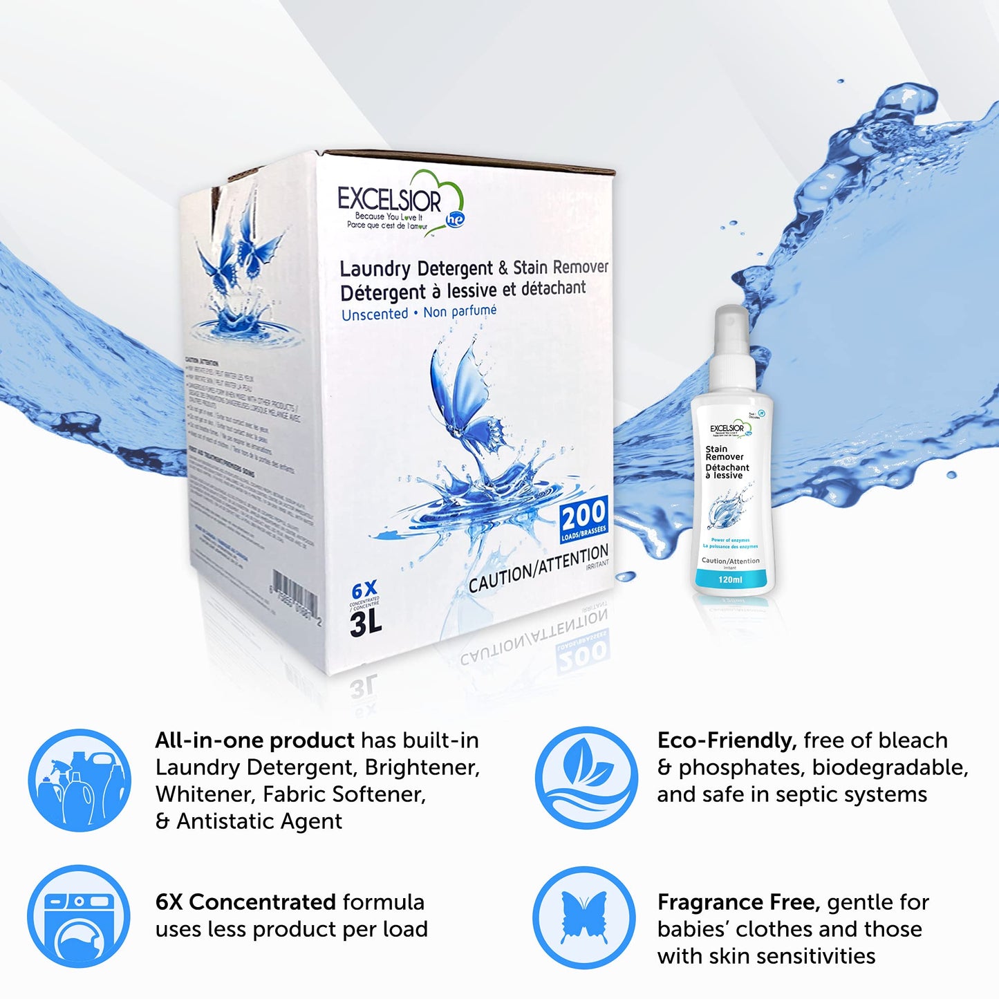Excelsior HE Laundry Detergent Liquid Fragrance Free Concentrated 200 Loads 3 Liter With Natural Stain Remover, High Efficiency Washing Detergent