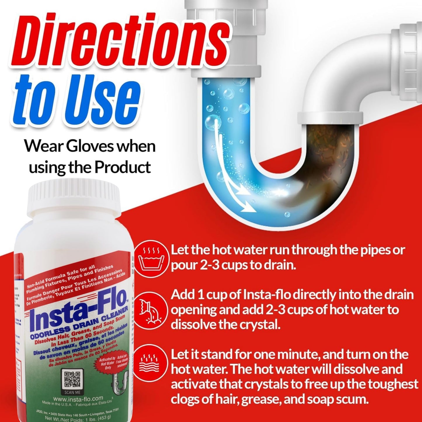 Insta-Flo Crystals Drain Cleaner - 1 lb (16 oz) - Odorless Drain Opener for Hair & Grease by Thrift Marketing