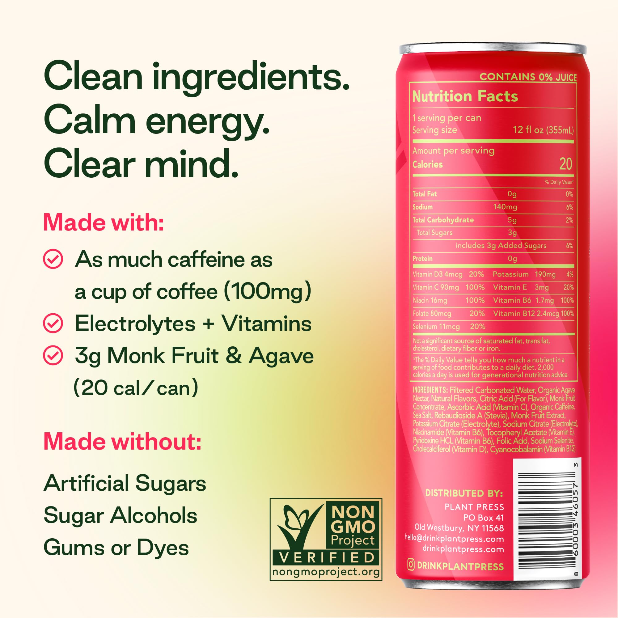 Plant Press - Organic Energy Drink, 100 mg Caffeine Clean Coffee Alternative, Full Range of Vitamins, Electrolytes, No Sugar Alcohols, No