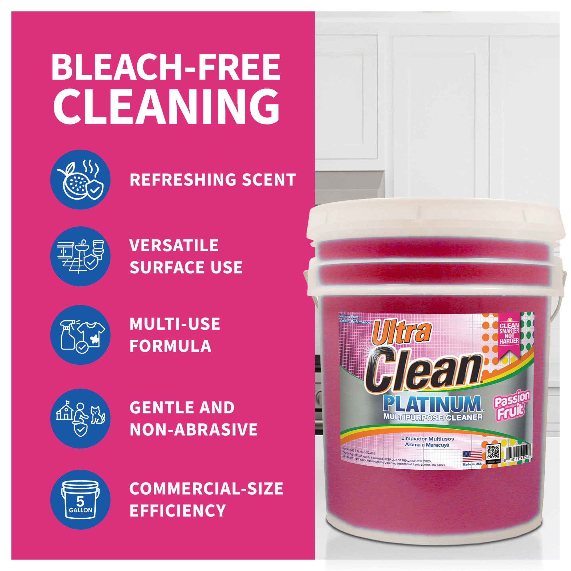 Ultra Clean Platinum Multipurpose Cleaner, Non-Abrasive and Bleach-Free, for Kitchen Counters, Bathroom Floors and Garage Spaces, Passion Fruit, 5 Gal