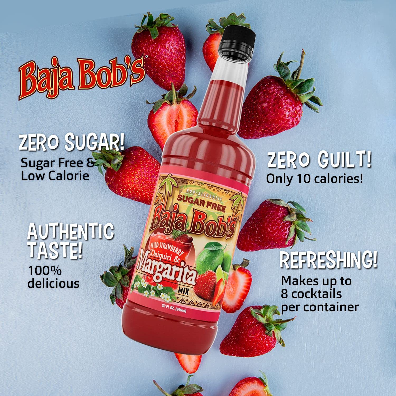 Baja Bob's Wild Strawberry Daiquiri and Margarita Mix 32oz Bottle - Sugar Free Cocktail Mixer - Keto Friendly - Low Calorie - Low Carb - Non-Alcoholic