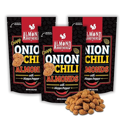 Almond Brothers Roasted Almonds - Crispy Onion n' Chili with Aleppo Pepper - Pack of 3, 5 oz - Hand Crafted, Gluten-Free, Non-GMO
