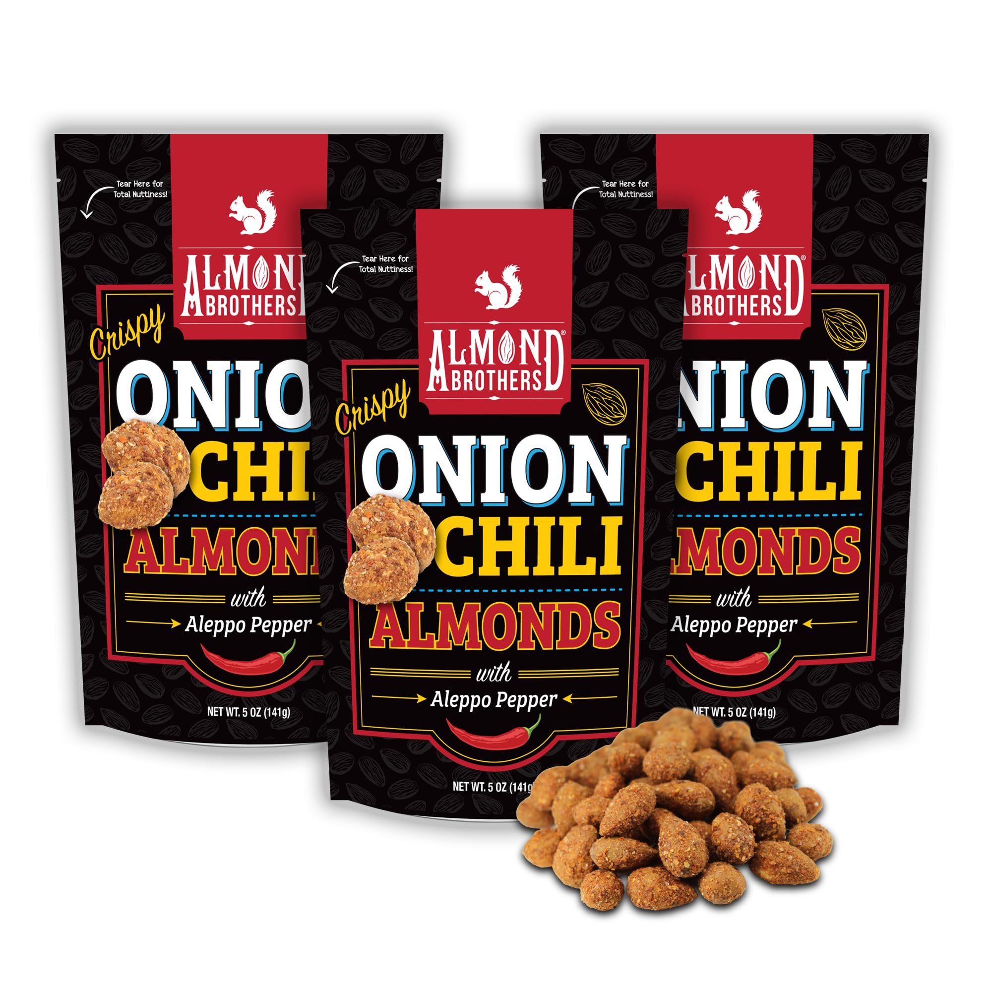 Almond Brothers Roasted Almonds - Crispy Onion n' Chili with Aleppo Pepper - Pack of 3, 5 oz - Hand Crafted, Gluten-Free, Non-GMO