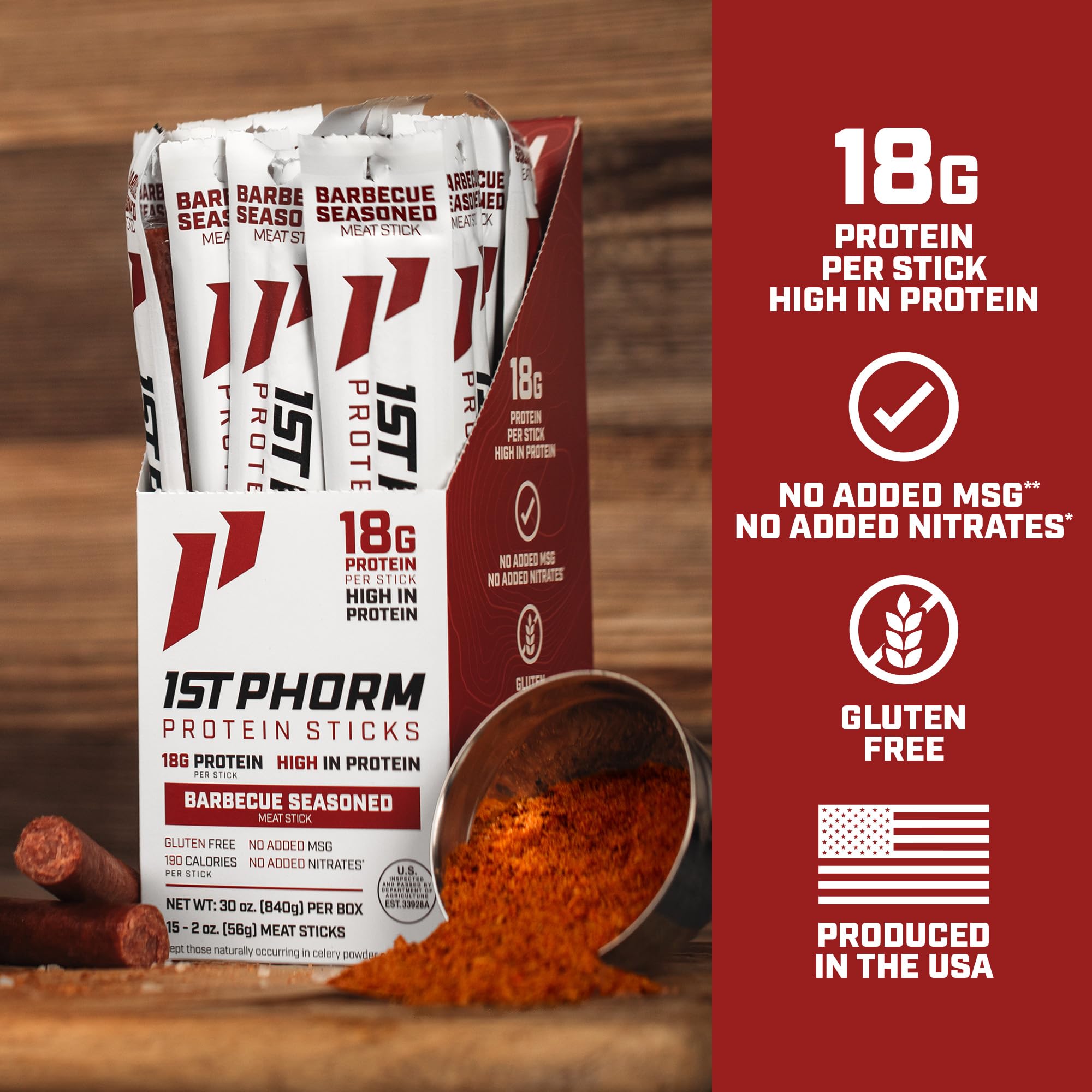 1st Phorm Meat Sticks, Seasoned BBQ Protein Snacks, 18g Protein Per Serving, Pork & Beef Sticks, Healthy Snacks On The Go, Gluten Free, Low Carb, Low