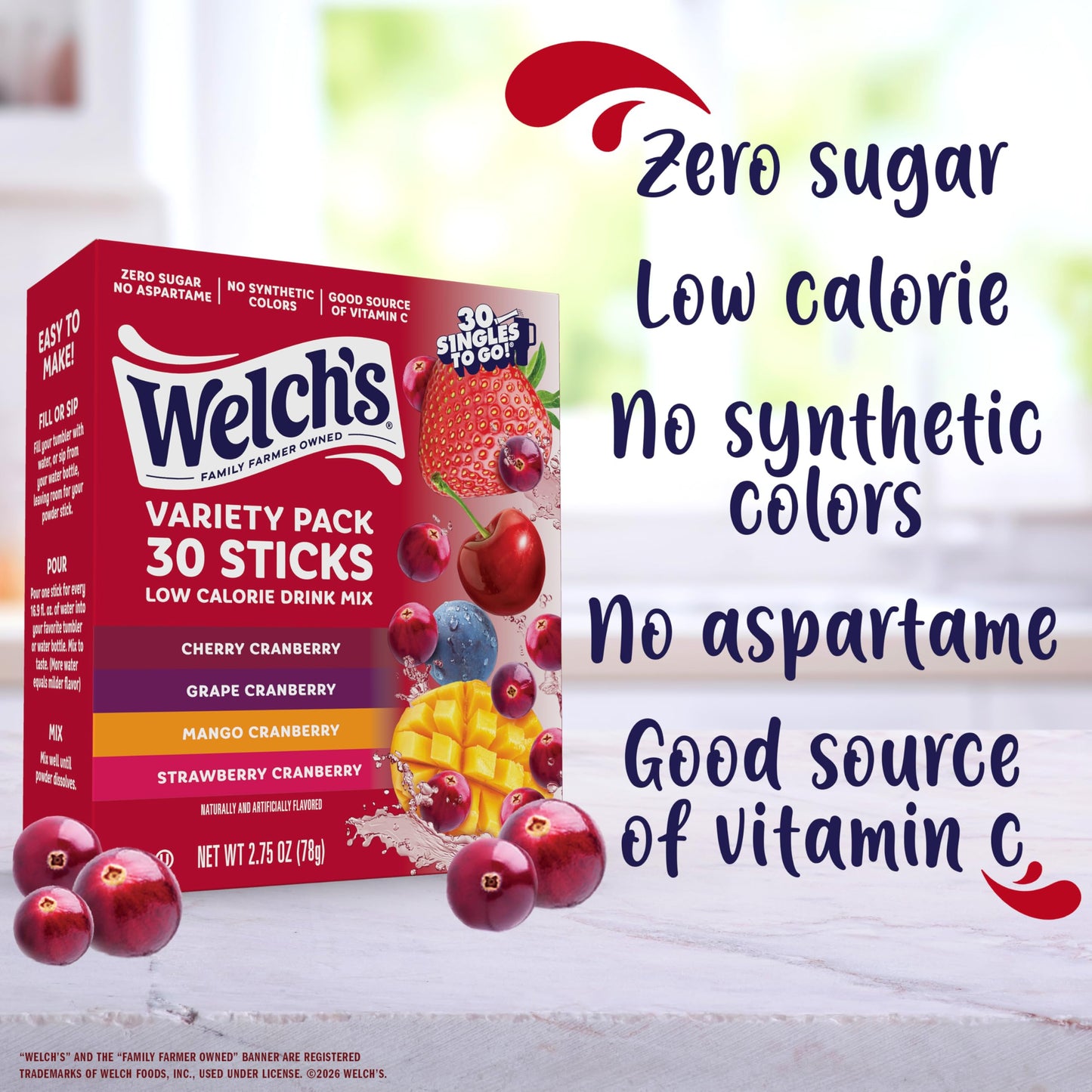 Welch’s Singles To Go! Cranberry Variety Pack Drink Mix, Sugar Free Water Flavor Packets, No Aspartame, No Artificial Dyes, Low Calorie, 4 Flavors