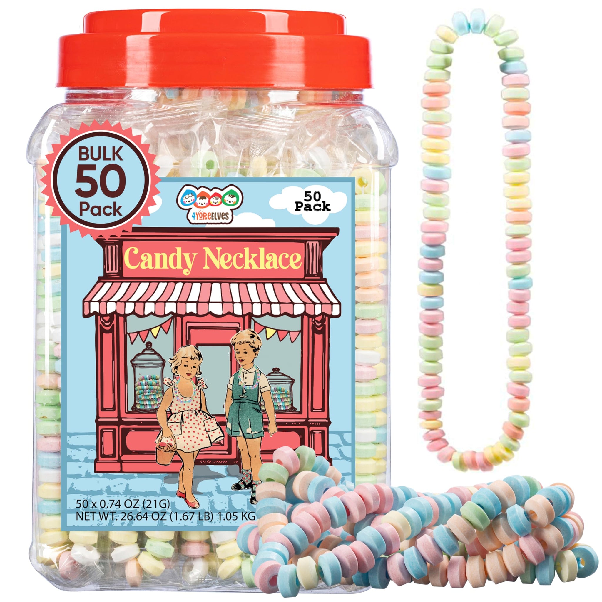50 Candy Necklaces Individually Wrapped, Choker Style Nostalgic Pastel Candy Jewelry, Perfect for Party Favors, Pinata Fillers and Goodie Bags, Packed