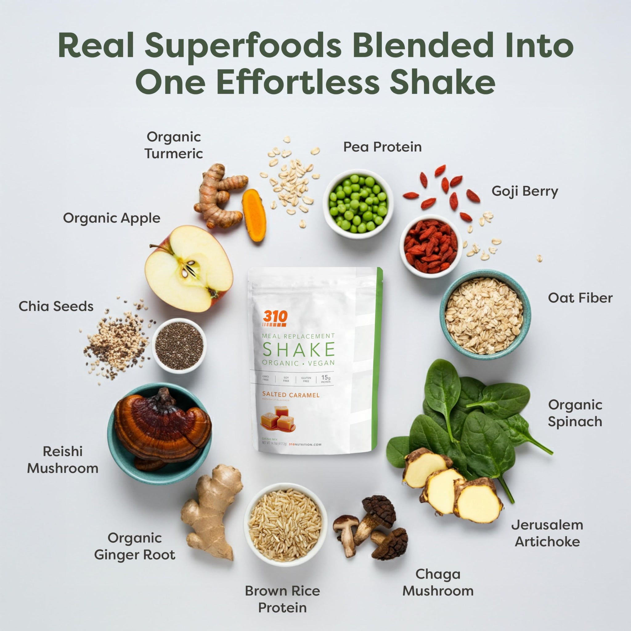 310 Nutrition Organic All-In-One Meal Replacement Shake Powder - Plant-Based Protein Smoothie Blend w/Fiber, Probiotics & Adaptogens - Low Carb