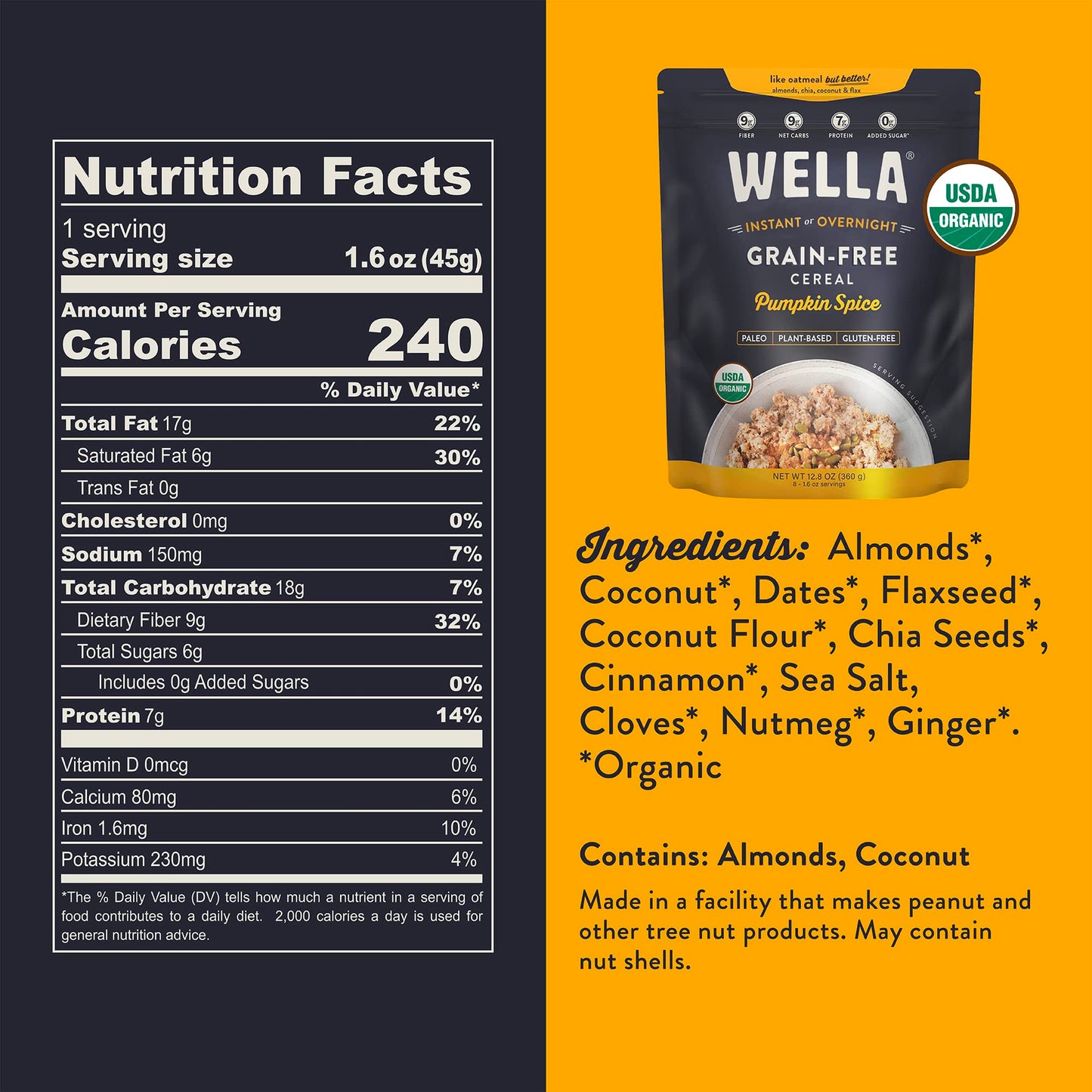 Wella Cereal Oatmeal Alternative, Gluten-Free Breakfast Hot Cereal, Grain-Free Paleo Organic Vegan High Protein Superfood, Plant-Based Non-GMO, Low in