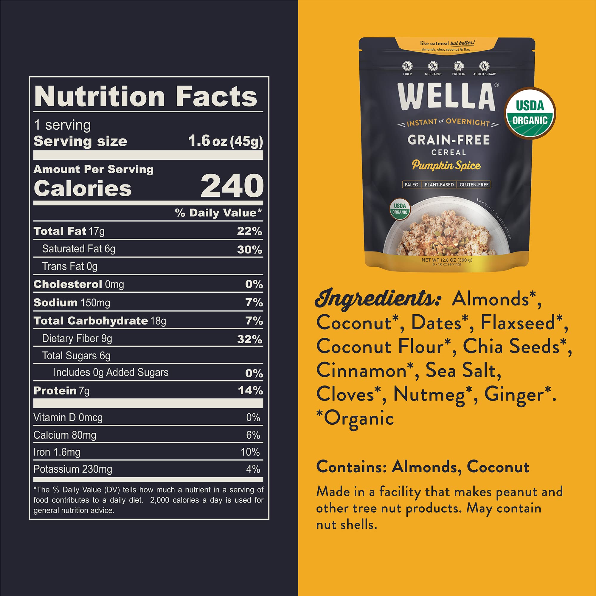 Wella Cereal Oatmeal Alternative, Gluten-Free Breakfast Hot Cereal, Grain-Free Paleo Organic Vegan High Protein Superfood, Plant-Based Non-GMO, Low in