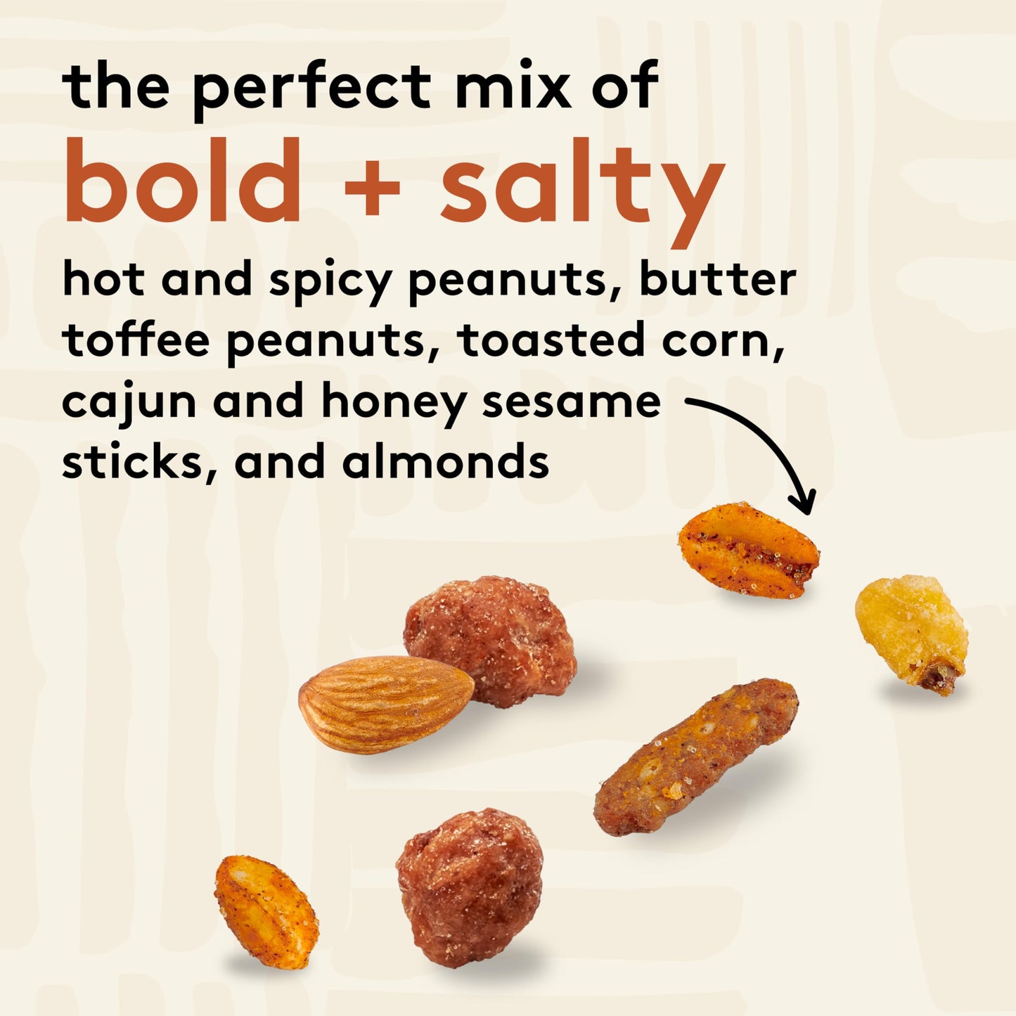 Snak Club Cajun Style Snack Mix with Hot and Spicy Peanuts, Butter Toffee Peanuts, Toasted Corn, Cajun and Honey Sesame Sticks, and Almonds, Kosher