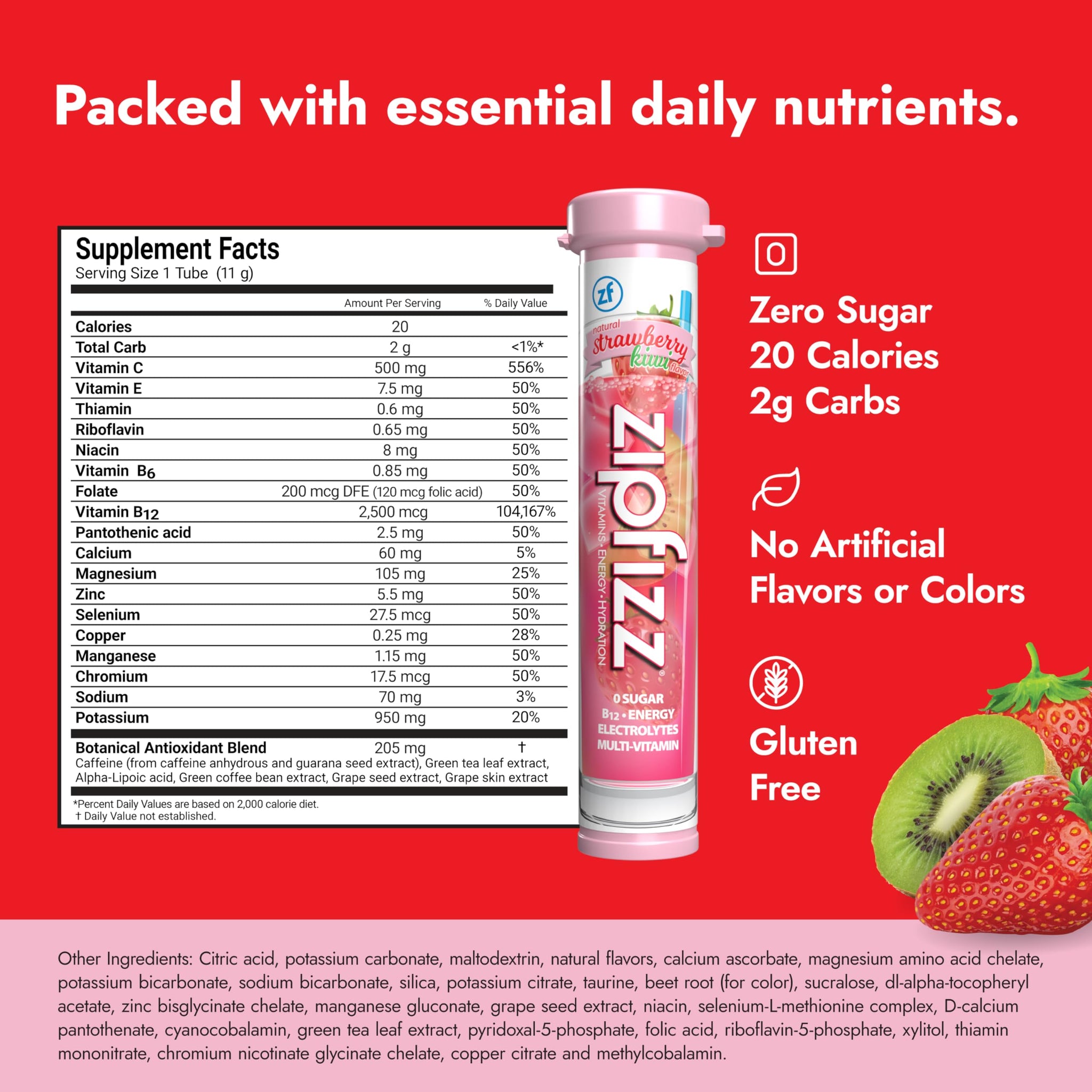 Zipfizz Daily Energy Drink Powder, Strawberry Kiwi, 20 Pack | 3-in-1 Sustained Energy, Rapid Hydration, and Essential Vitamins | Sugar-Free |