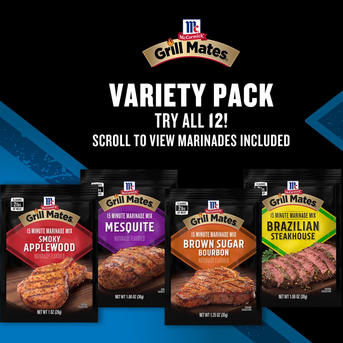 McCormick Grill Mates Marinade Mix Variety Pack, Includes 12 Marinade Mixes, Sweet, Smoky, Spicy, and Savory Flavors, For Chicken, Beef, Pork, Shrimp