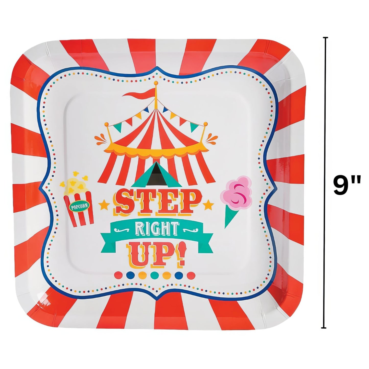Fun Express Step Right Up Carnival Party Square Paper Dinner Plates - Carnival Themed Disposable Dessert Paper Plates - Decorations Tableware