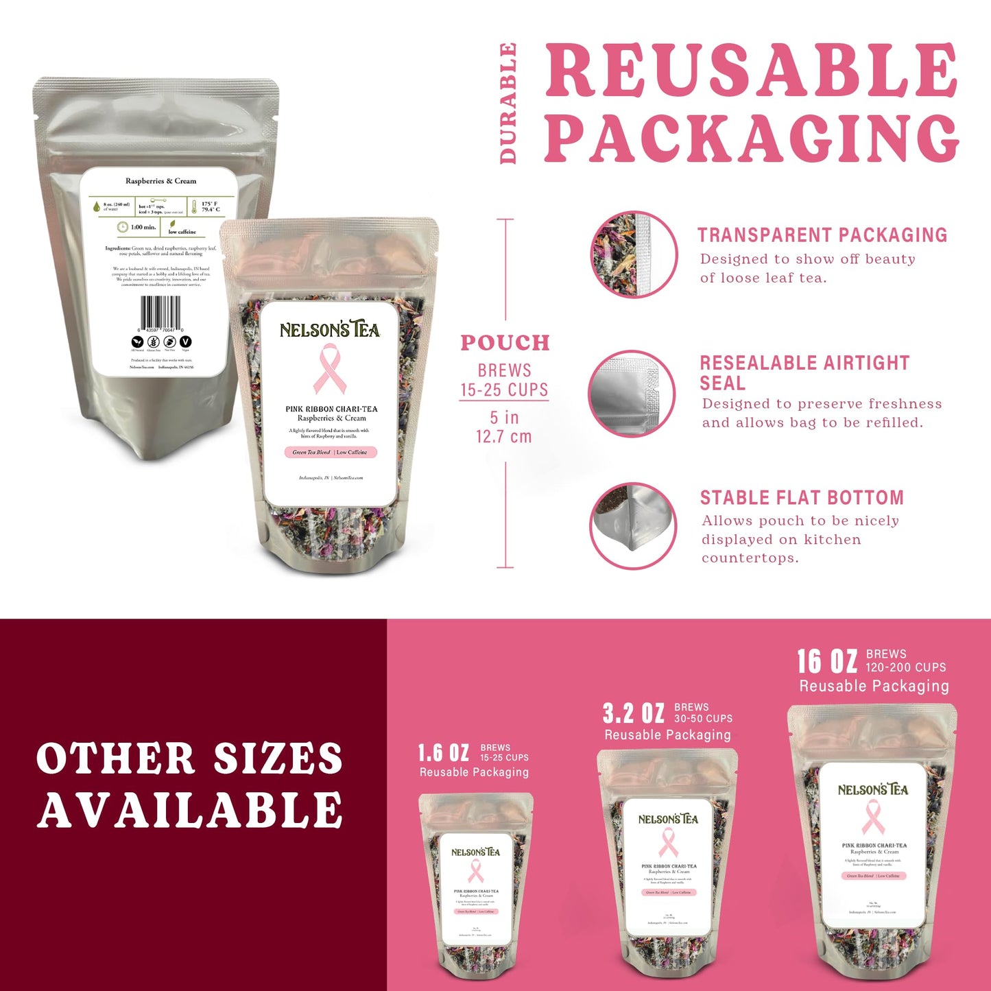 Nelson's Tea Raspberry & Cream - Cut & Sifted Loose Leaf Tea with Rooibos Green Tea, Dried Red Raspberry Leaf, Marigold, Hibiscus, Rose Petals