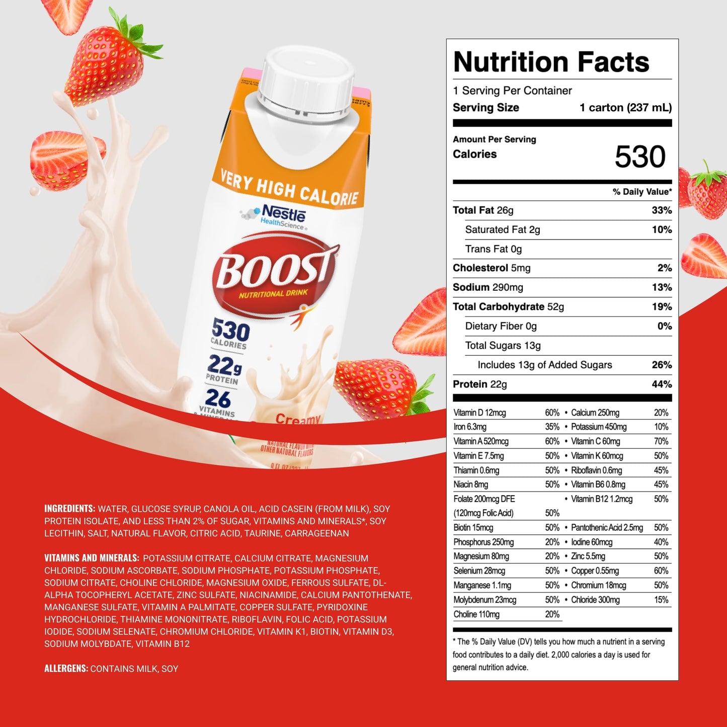 BOOST Very High Calorie Nutritional Drink, Supports Weight Gain & Maintenance, 22 g Protein, Creamy Strawberry, 8 fl oz (Pack of 24)