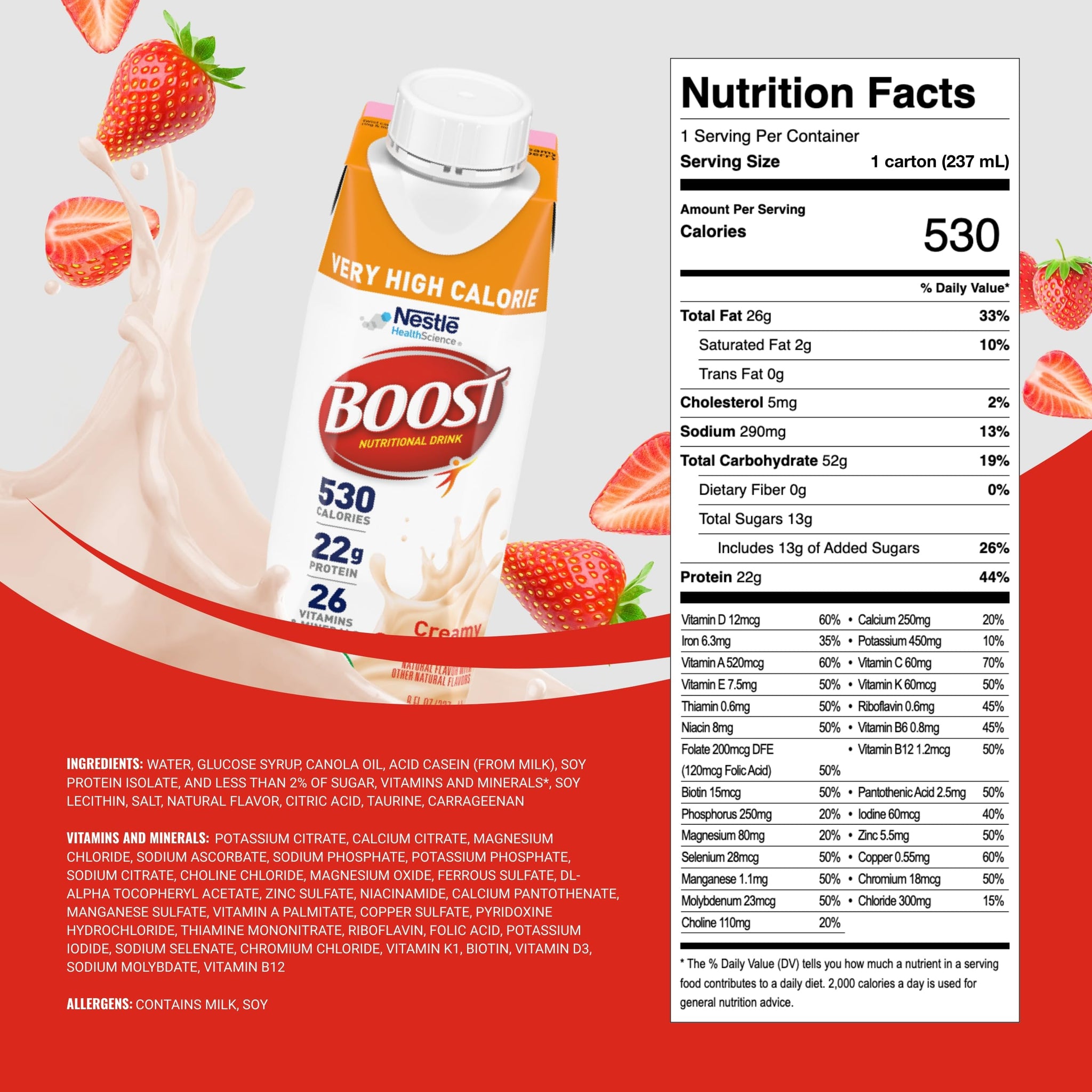 BOOST Very High Calorie Nutritional Drink, Supports Weight Gain & Maintenance, 22 g Protein, Creamy Strawberry, 8 fl oz (Pack of 24)