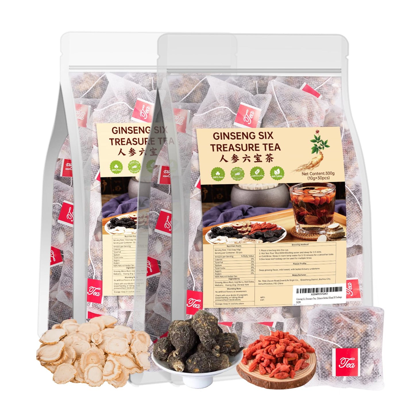 Kidney Tea Ginseng Six Treasure Tea for Kidney Health, Herbal Chinese Traditional Ginseng Five Treasures Natural Detox Formula, Corn-Fiber Teabag