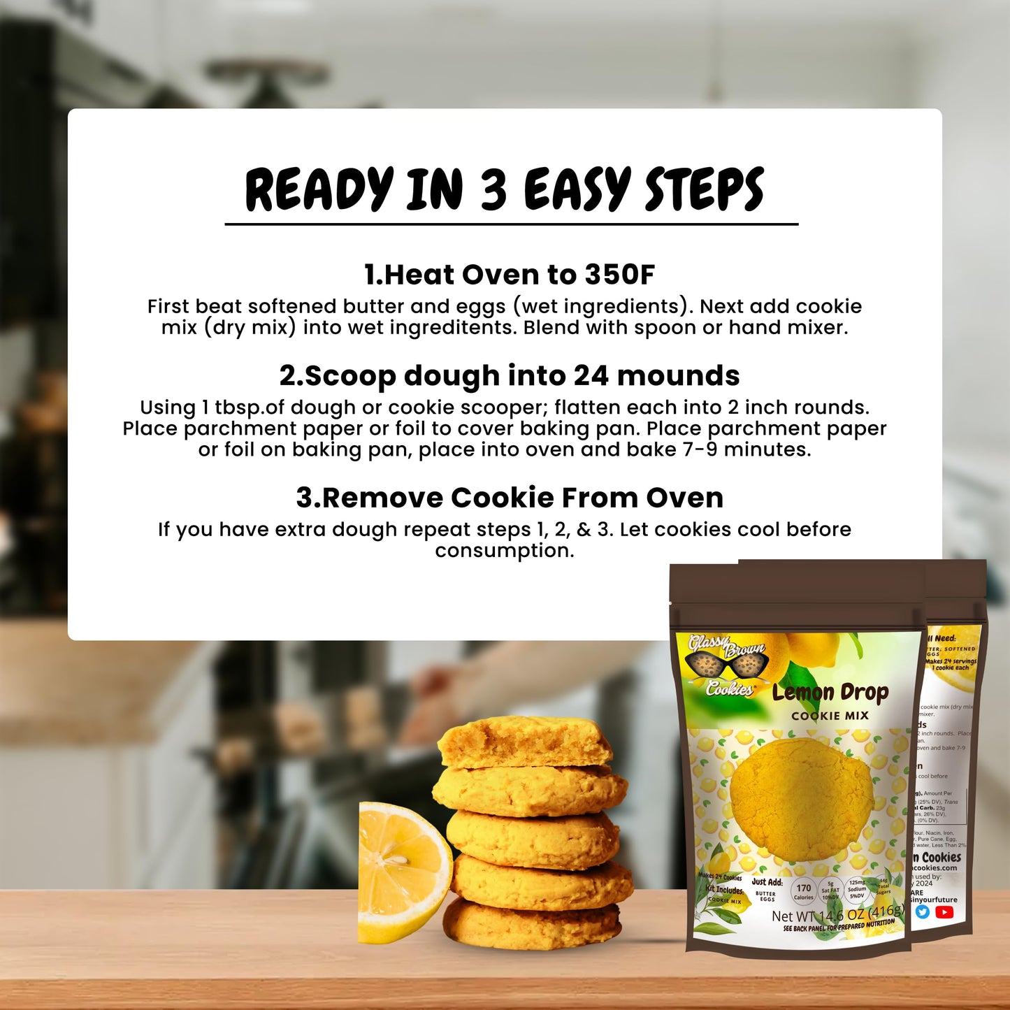 Glassy Brown Cookies-Lemon Drop Cookie Mix | Fresh Lemon Cookies | Protein Cookies | Cookie Butter & Eggs | No Preservatives - Serves 24 Soft Cookies.
