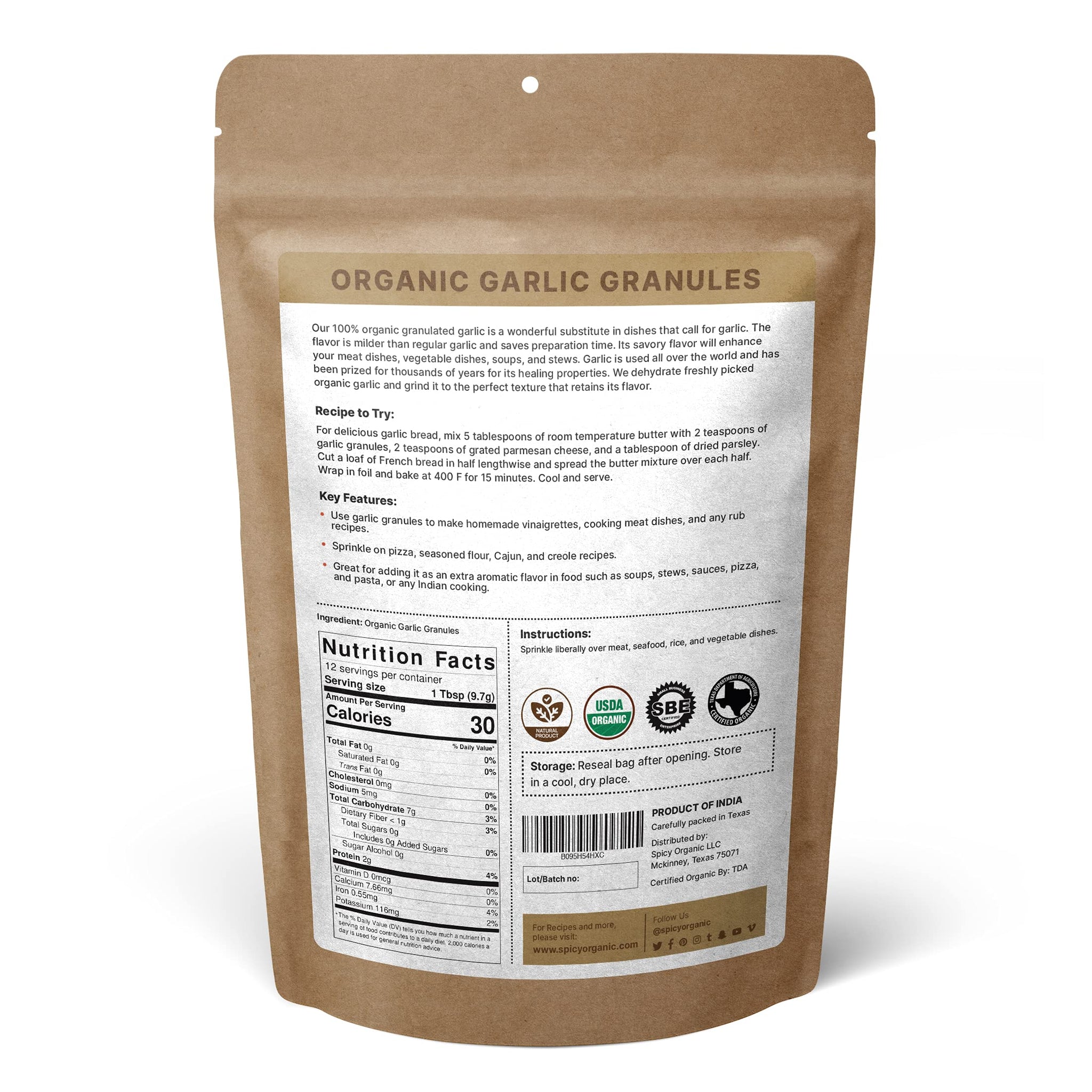 SPICY ORGANIC Garlic Granules - 100% USDA Organic- Premium Quality Granulated Garlic Powder for Mouthwatering Rubs on Beef, Pork, Fish, Poultry