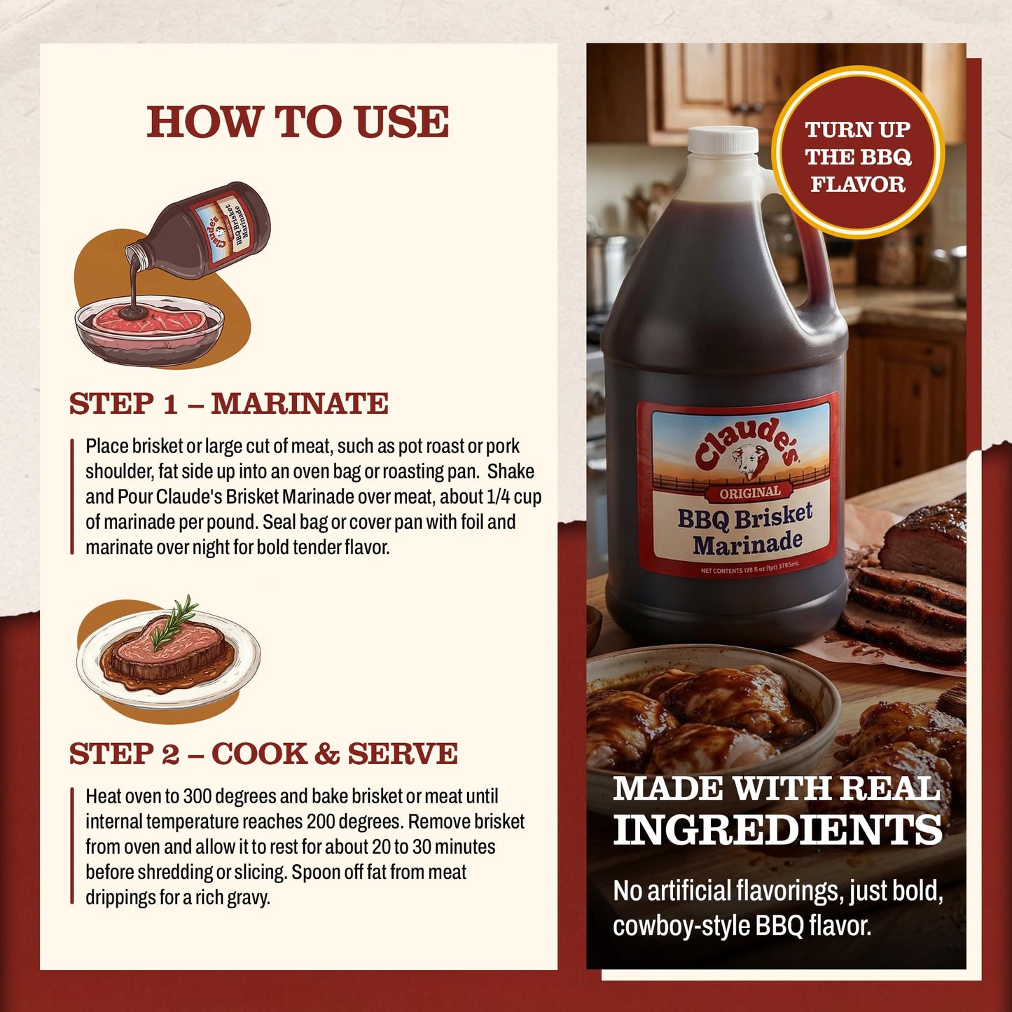 Claude's BBQ Brisket Marinade Sauce, Gluten Free Texas Style, 128 oz