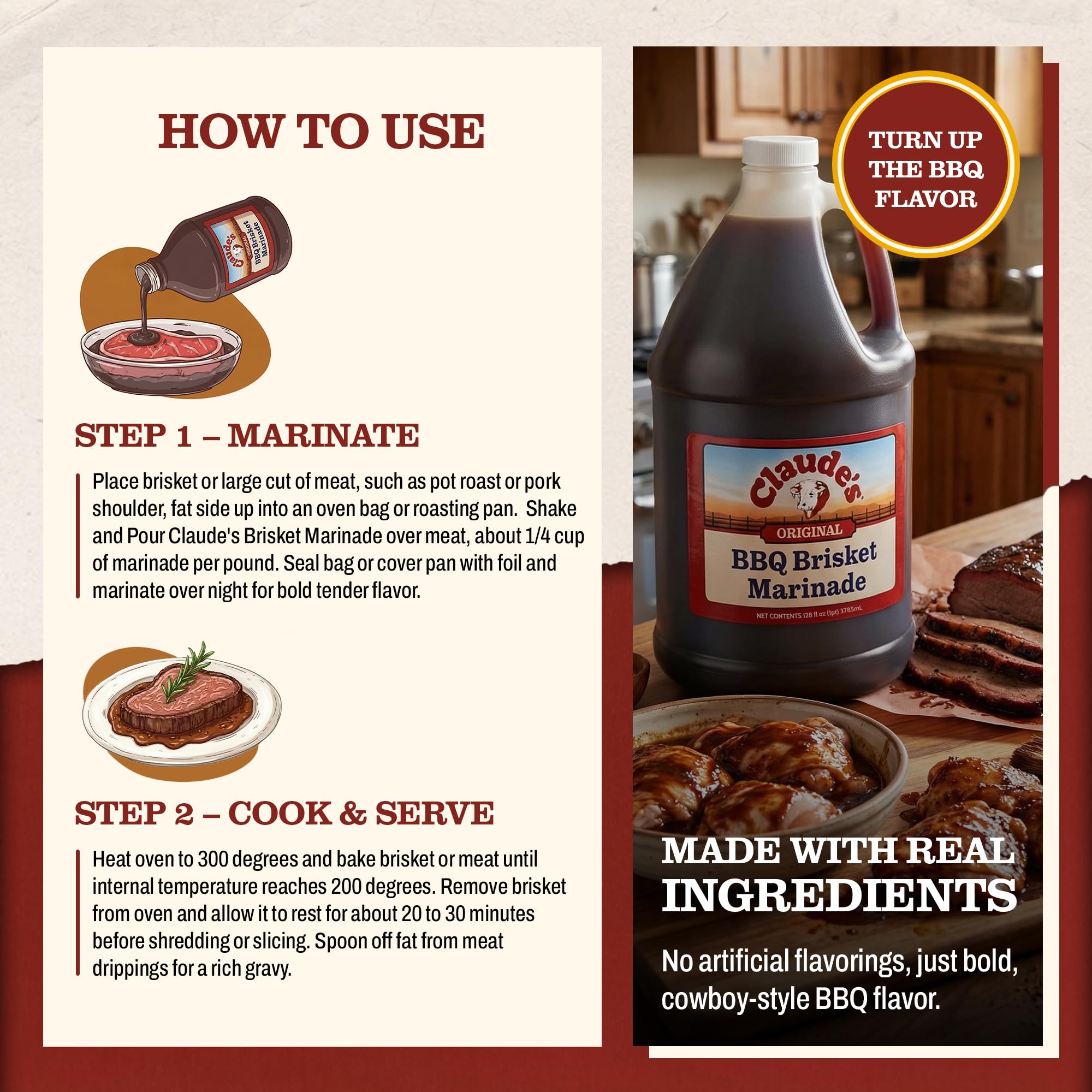 Claude's BBQ Brisket Marinade Sauce, Gluten Free Texas Style, 128 oz