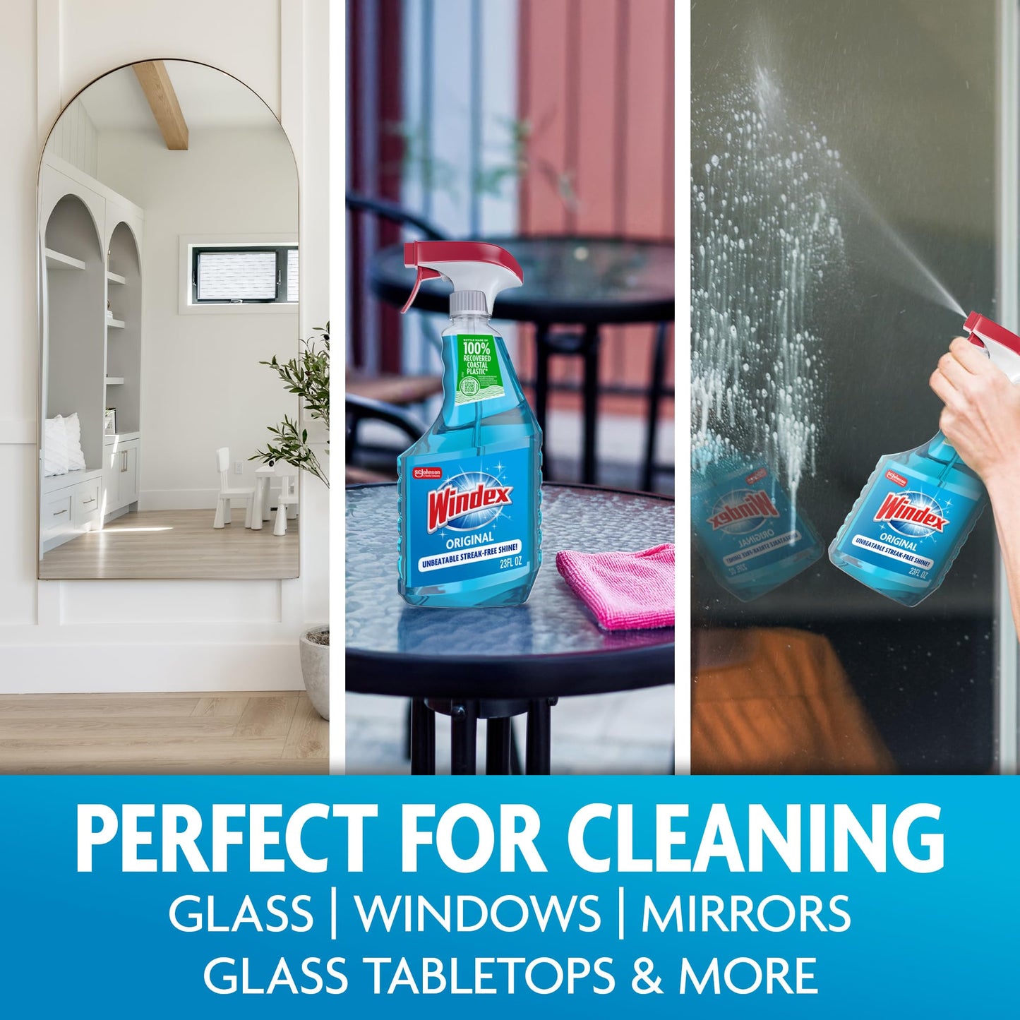 Windex Glass and Window Cleaner Spray Bottle, Bottle Made from 100% Recovered Coastal Plastic, Original Blue, 23 fl oz