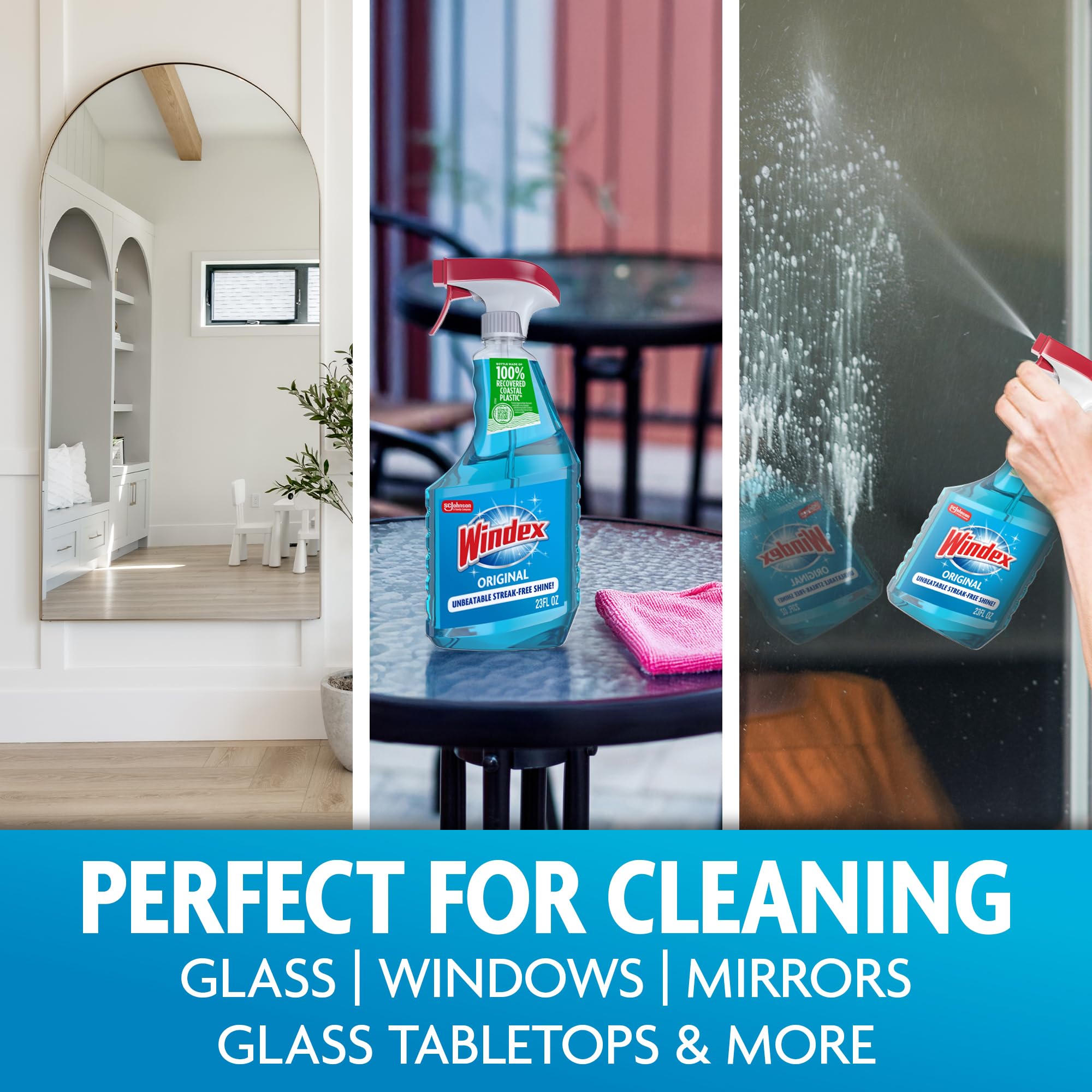 Windex Glass and Window Cleaner Spray Bottle, Bottle Made from 100% Recovered Coastal Plastic, Original Blue, 23 fl oz