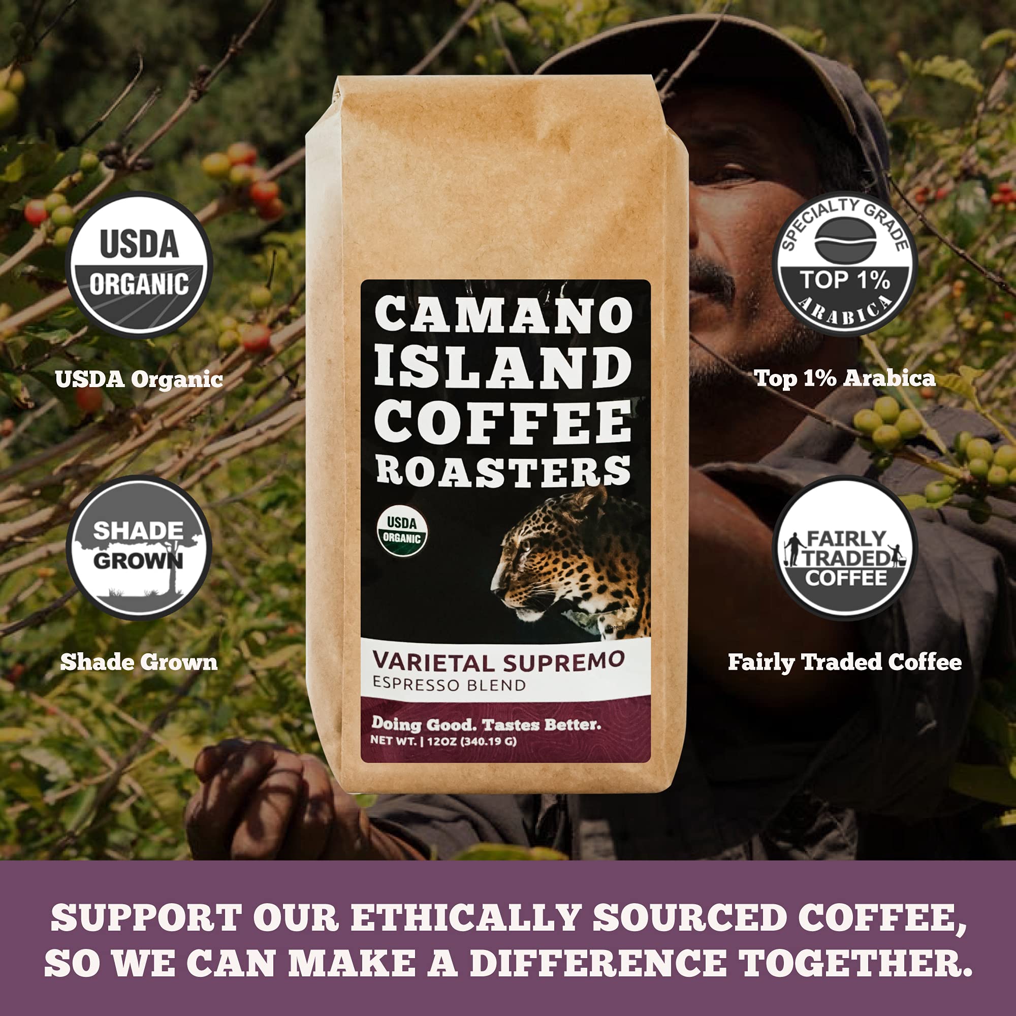 Camano Island Coffee Roasters Varietal Supremo Espresso Blend, Ground 12oz, Fresh Dark Roast, USDA Organic, Fairly Traded, Shade Grown Arabica