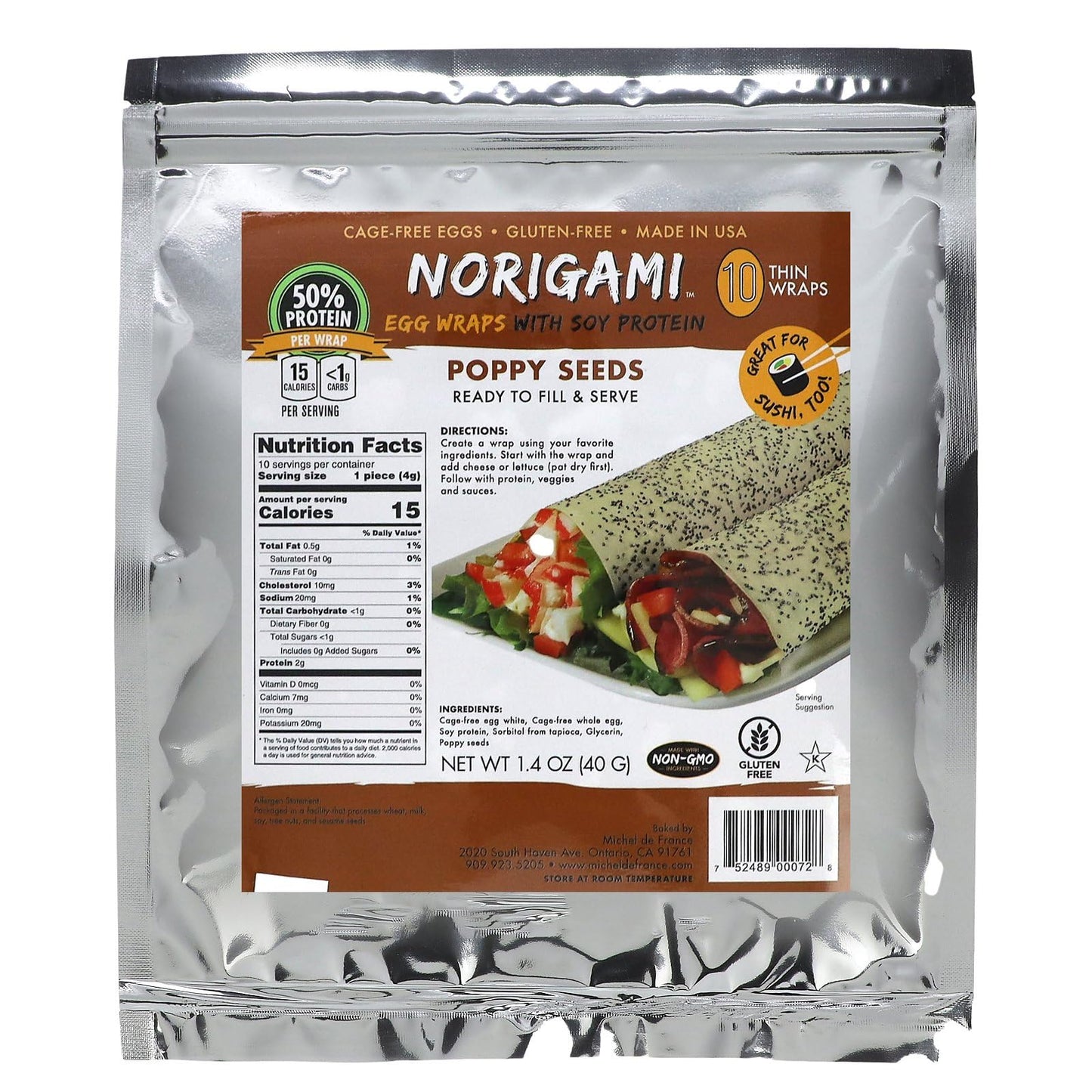 Norigami Egg Wraps with Soy Protein - Poppy Seeds. High Protein, Low Carb, Vegetarian. Thin Healthy Wraps -Certified Kosher, Non-GMO, Gluten Free -NOW