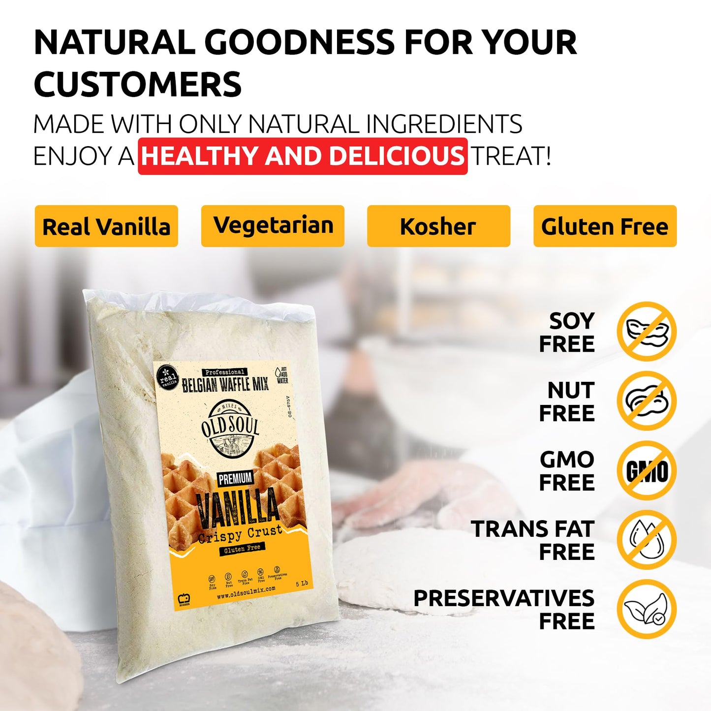 OldSoul Professional Belgian Waffle Mix | GLUTEN FREE | 5 Lbs | Crispy | Vanilla Flavor | 28 Waffles (5 Lbs, Gluten Free)