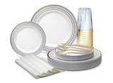 " OCCASIONS " 200pcs set (25 Guest)-Heavyweight Wedding Disposable Plastic Plate +linen like paper Napkins, Gold rim cups & Silverware (Odyssey White