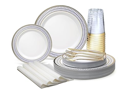" OCCASIONS " 200pcs set (25 Guest)-Heavyweight Wedding Disposable Plastic Plate +linen like paper Napkins, Gold rim cups & Silverware (Odyssey White