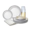 " OCCASIONS " 200pcs set (25 Guest)-Heavyweight Wedding Disposable Plastic Plate +linen like paper Napkins, Gold rim cups & Silverware (Odyssey White