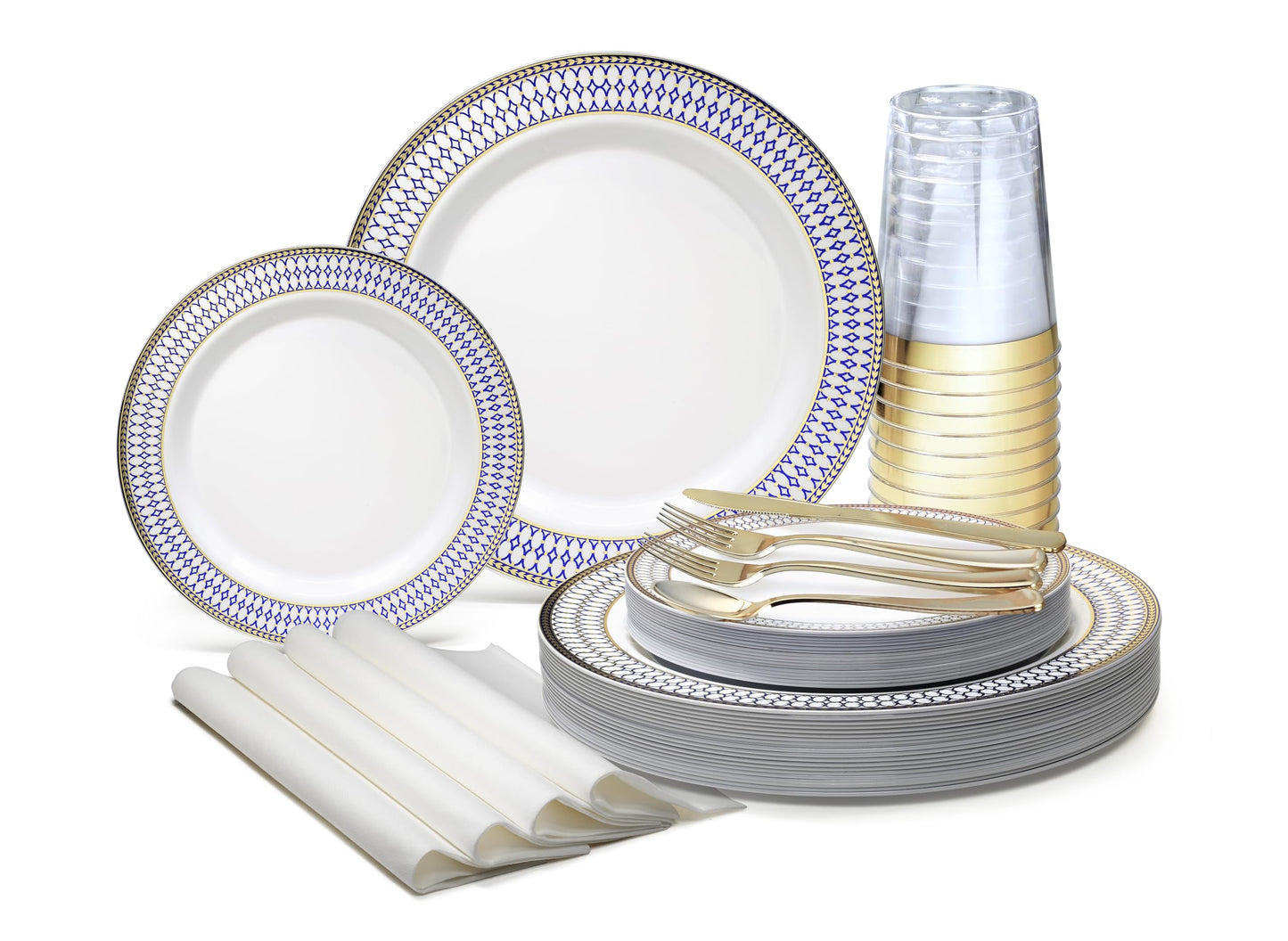 " OCCASIONS " 200pcs set (25 Guest)-Heavyweight Wedding Disposable Plastic Plate +linen like paper Napkins, Gold rim cups & Silverware (Odyssey White
