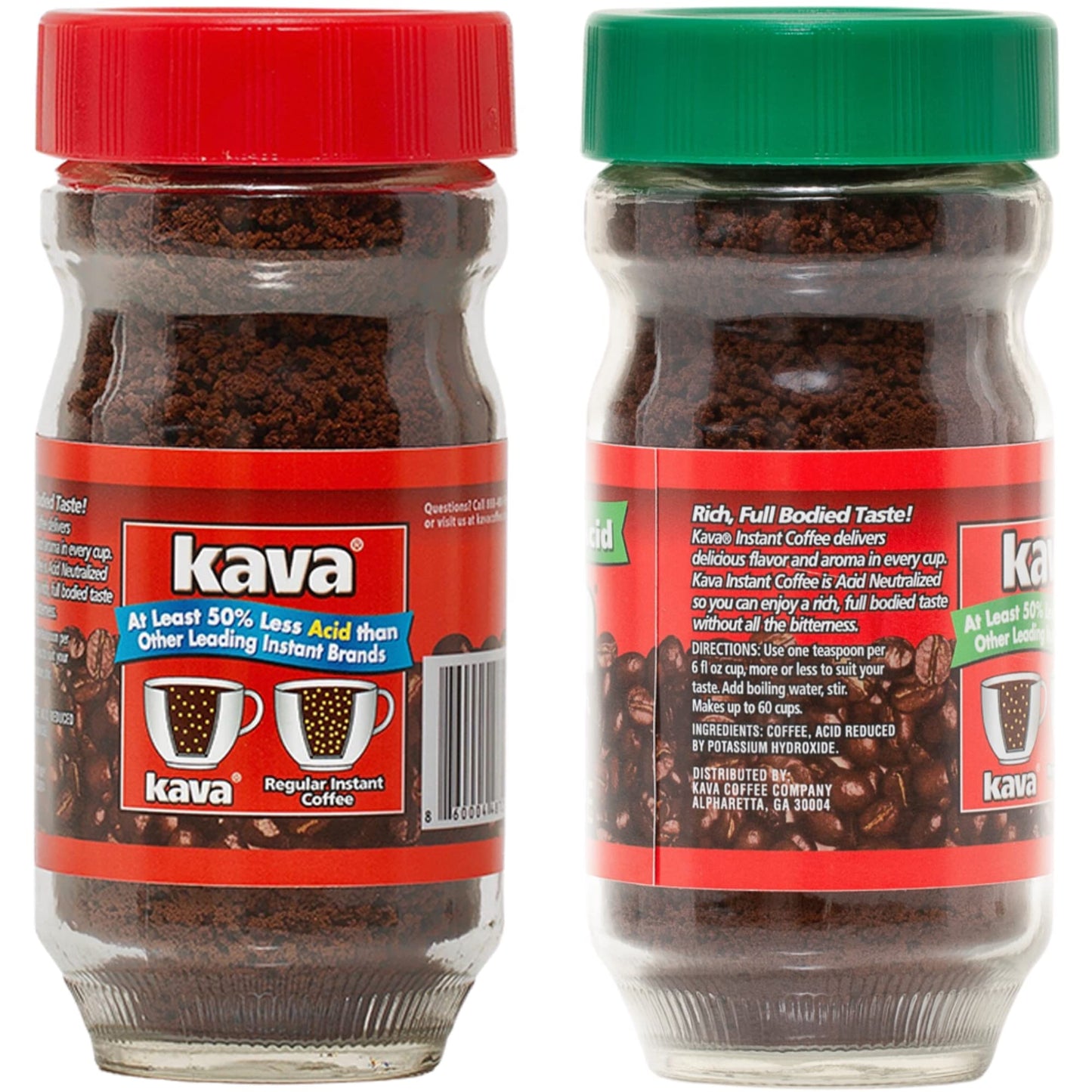 Kava Low Acid Instant Coffee Lover Bundle Set, 4 Ounce Glass Jar of Each, Regular & Decaf