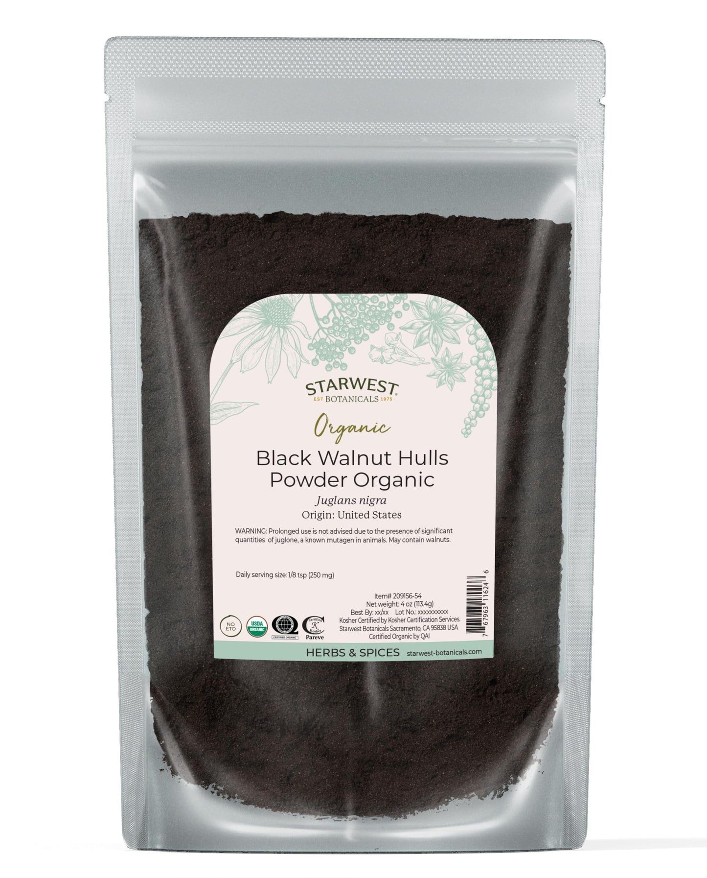 Starwest Botanicals Organic Black Walnut Hull Powder - Finely Ground, Use for Tea & Baking, Certified Kosher, Non-GMO - 4 oz Pouch