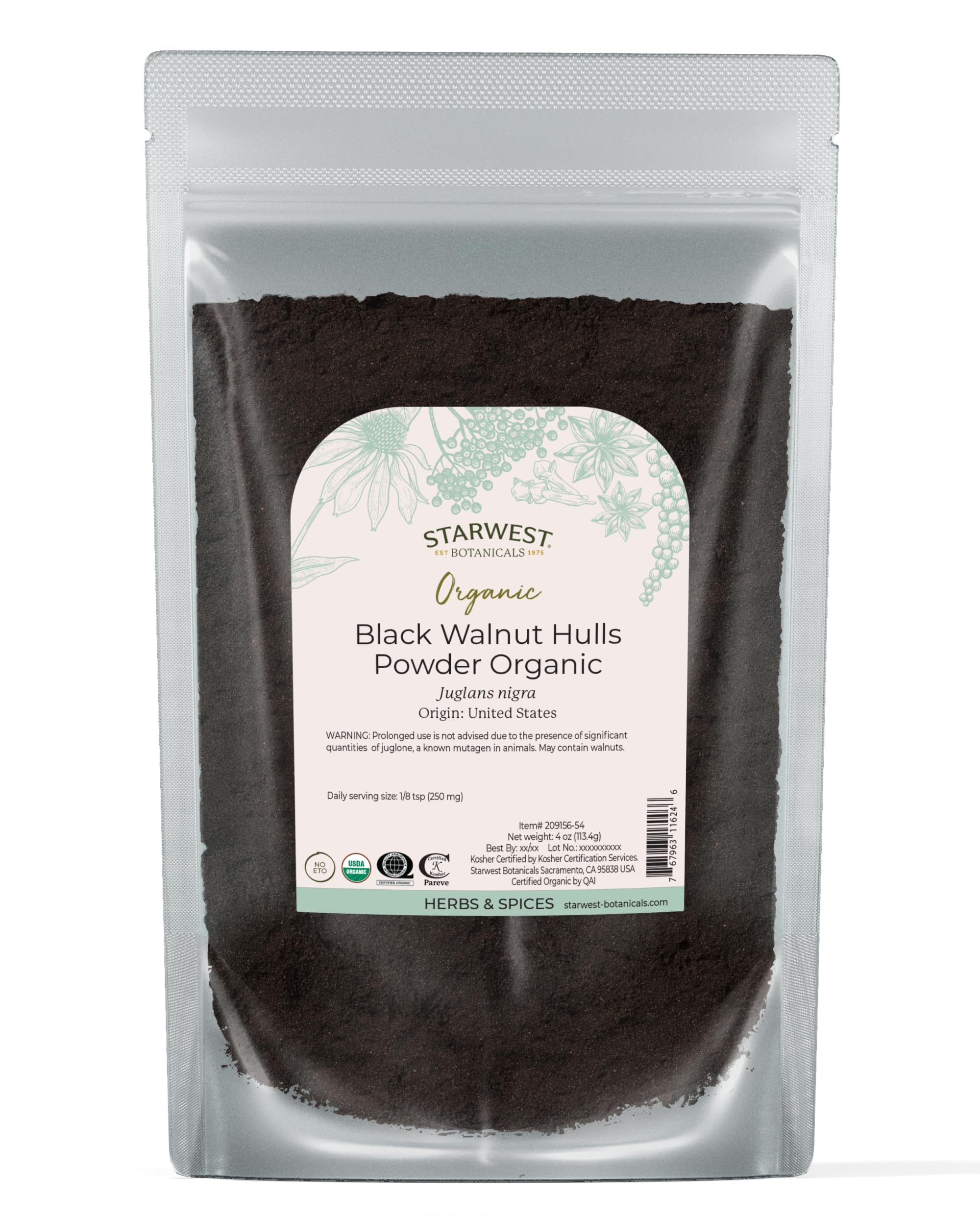 Starwest Botanicals Organic Black Walnut Hull Powder - Finely Ground, Use for Tea & Baking, Certified Kosher, Non-GMO - 4 oz Pouch