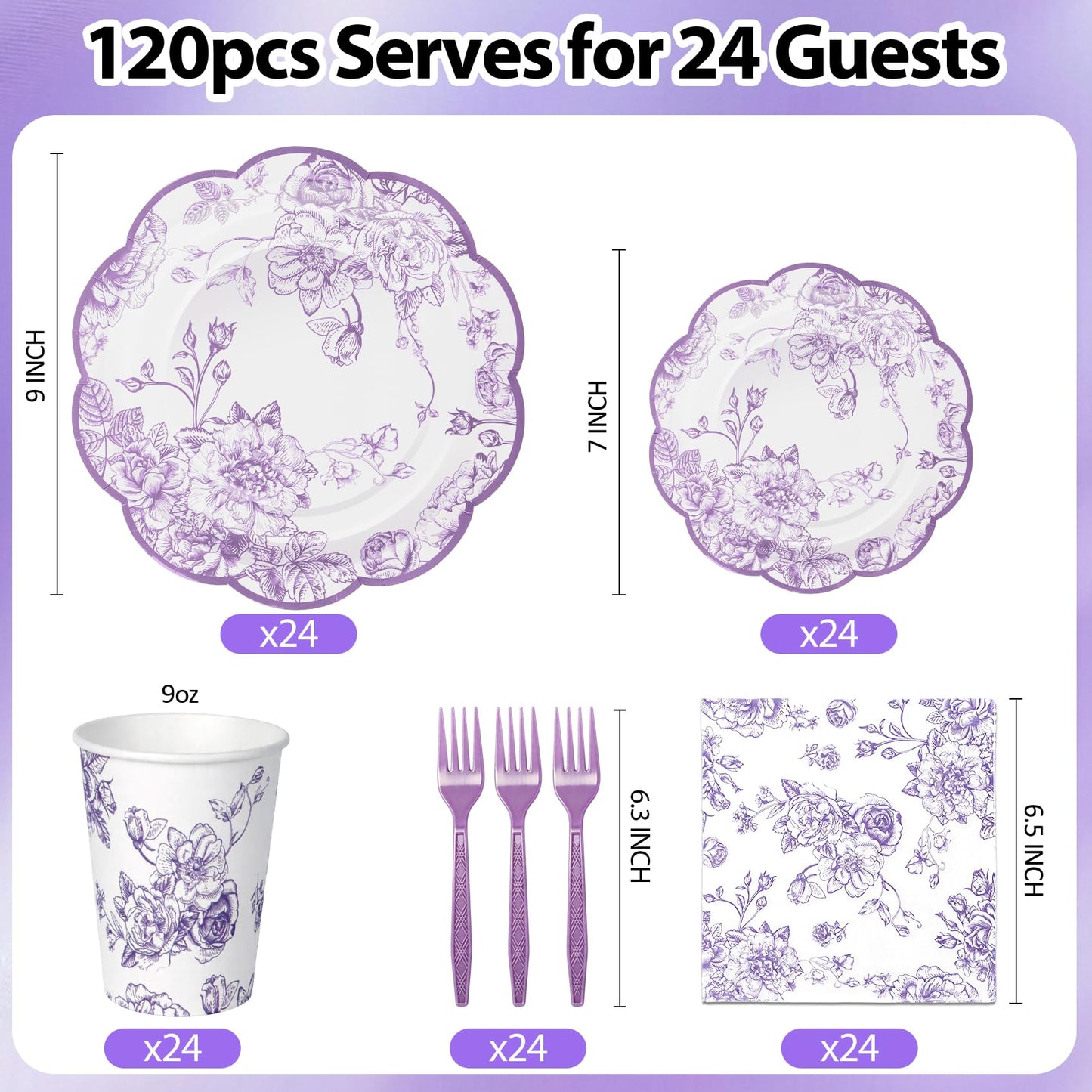 120Pcs Lavender Floral Paper Plate and Napkins Party Supplies | 9''&7'' Disposable Purple White Chinoiserie Scalloped Plates Cups Napkins Forks