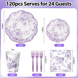 120Pcs Lavender Floral Paper Plate and Napkins Party Supplies | 9''&7'' Disposable Purple White Chinoiserie Scalloped Plates Cups Napkins Forks