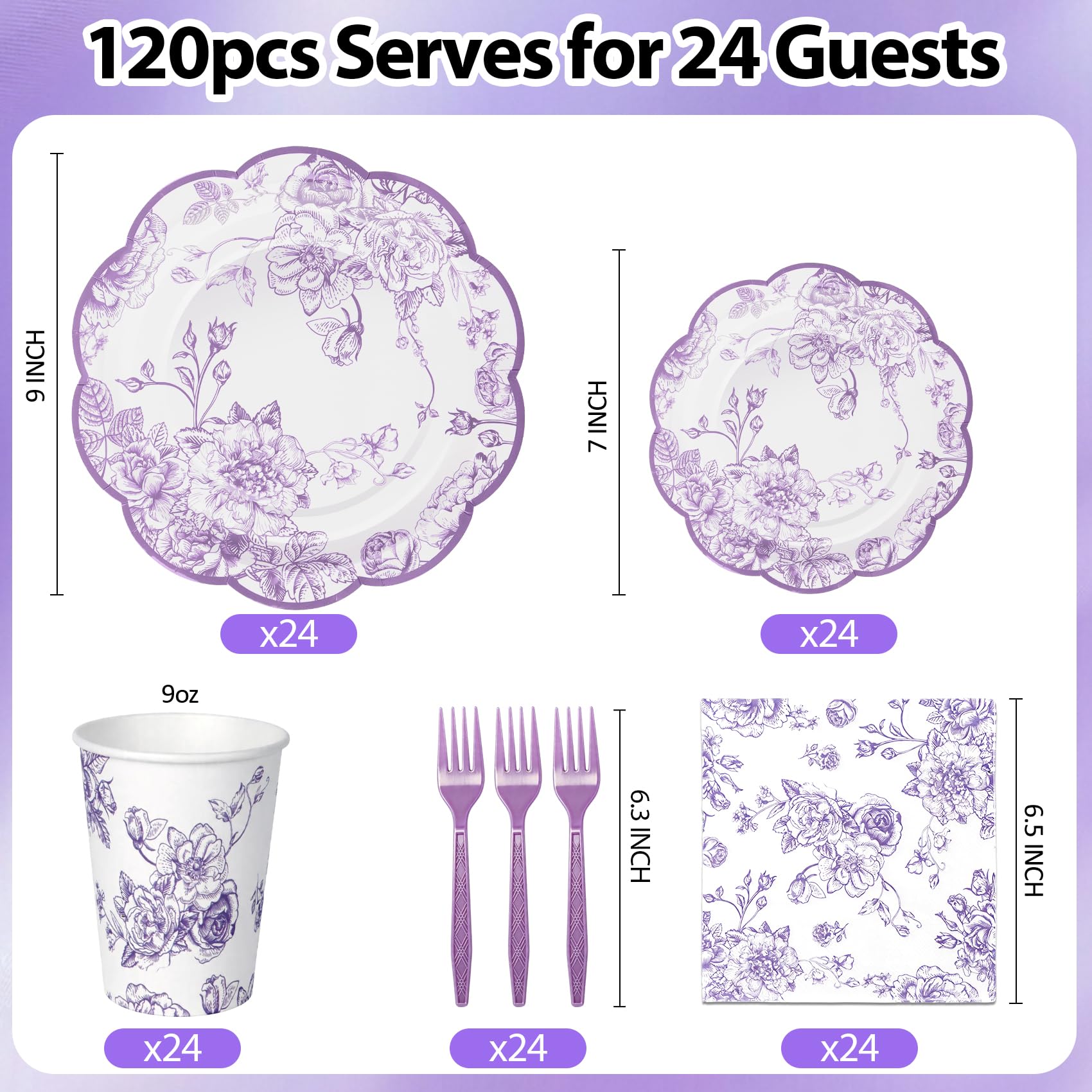 120Pcs Lavender Floral Paper Plate and Napkins Party Supplies | 9''&7'' Disposable Purple White Chinoiserie Scalloped Plates Cups Napkins Forks