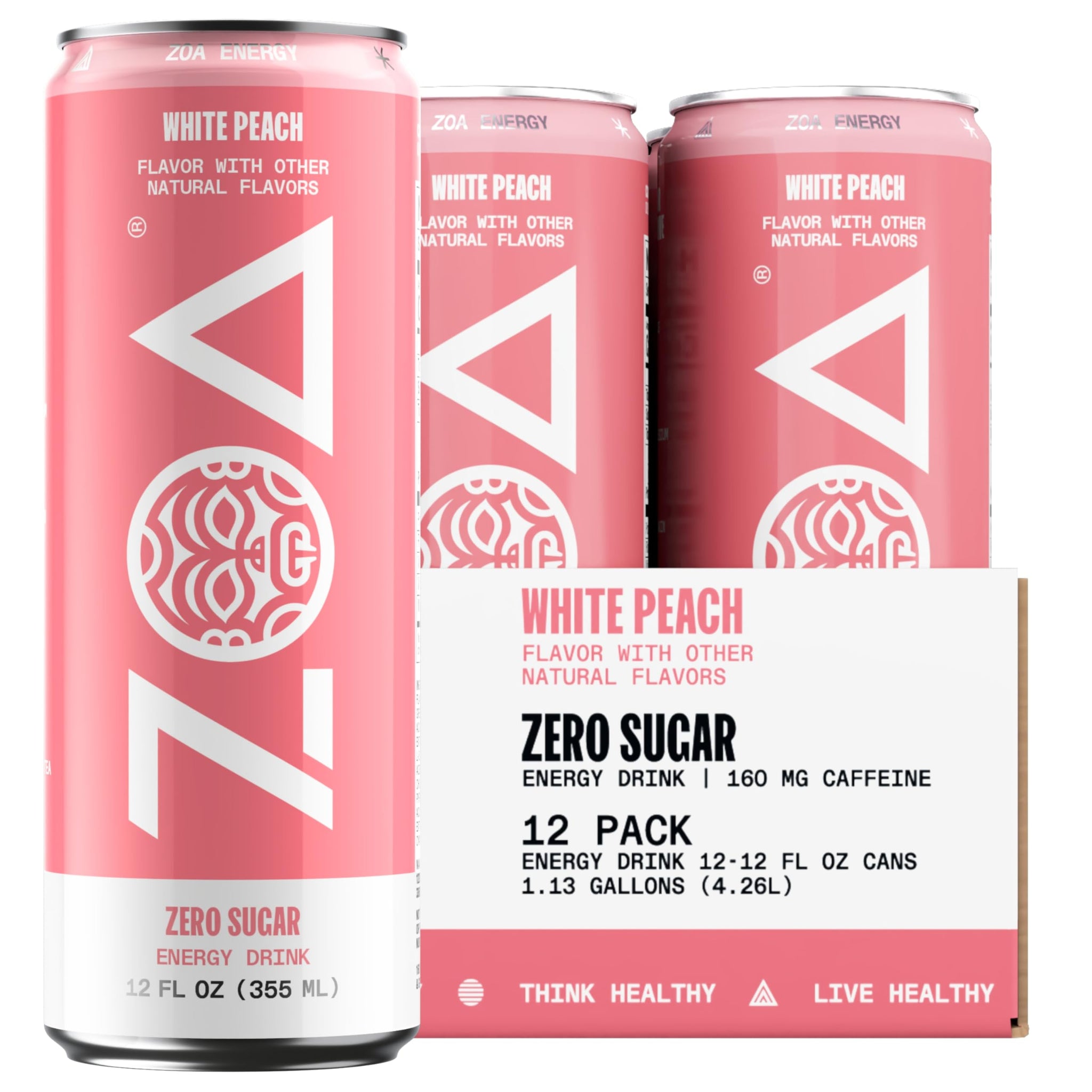 ZOA Zero Sugar Energy Drinks - White Peach | Healthy Energy Formula with Natural Caffeine, Daily Vitamin C, Essential B-Vitamins | Gluten-Free, Keto